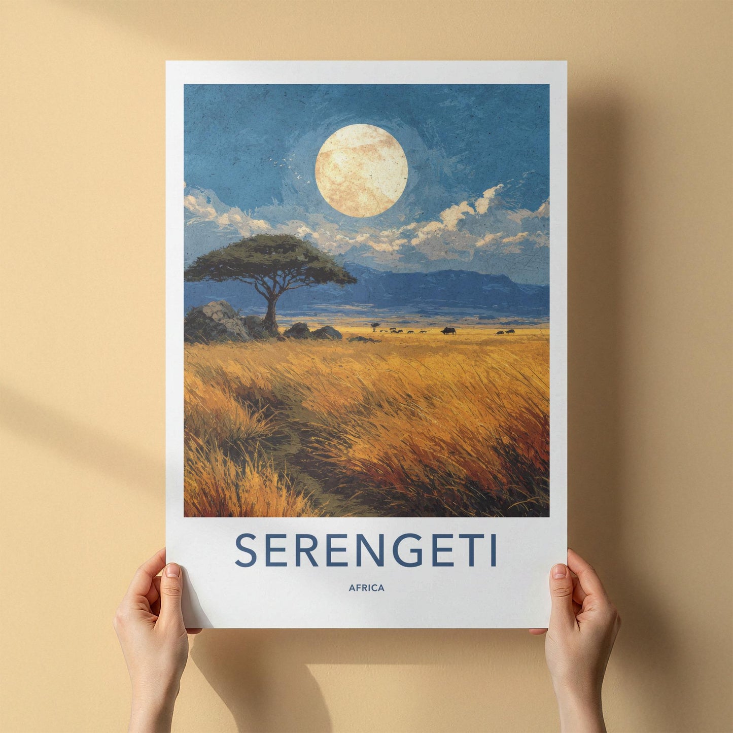 Serengeti Poster - Tanzania Travel Art - Acacia Moonlit Savanna Home Decor