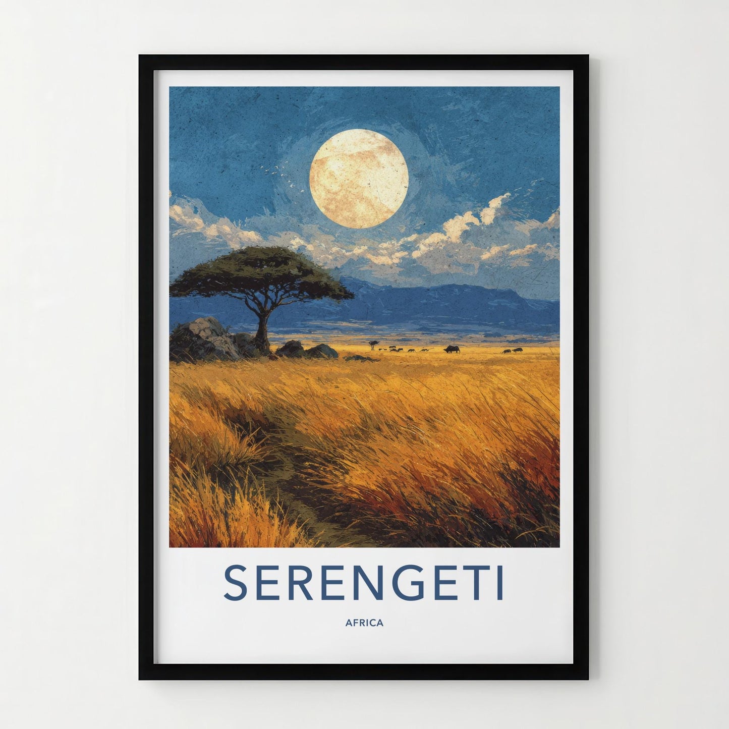 Serengeti Poster - Tanzania Travel Art - Acacia Moonlit Savanna Home Decor