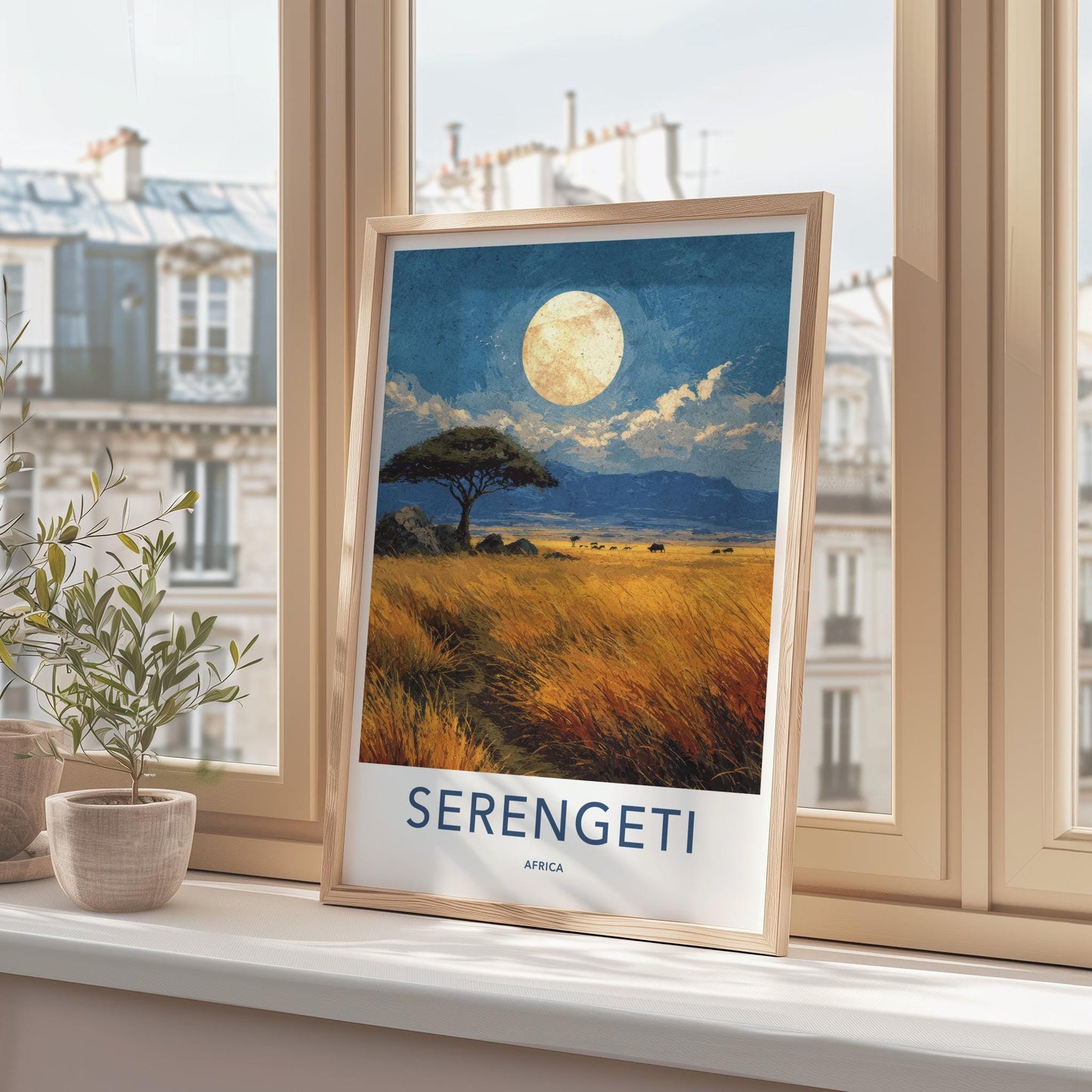 Serengeti Poster - Tanzania Travel Art - Acacia Moonlit Savanna Home Decor