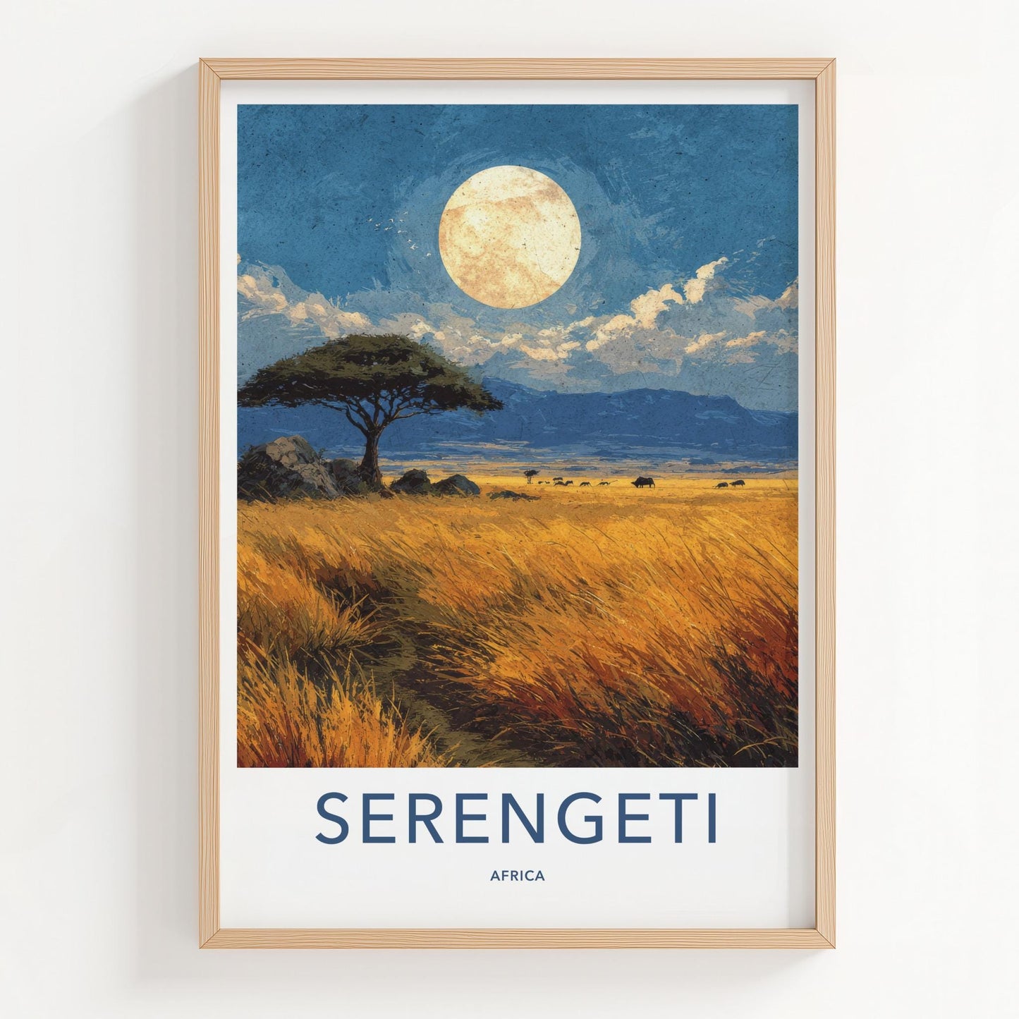 Serengeti Poster - Tanzania Travel Art - Acacia Moonlit Savanna Home Decor
