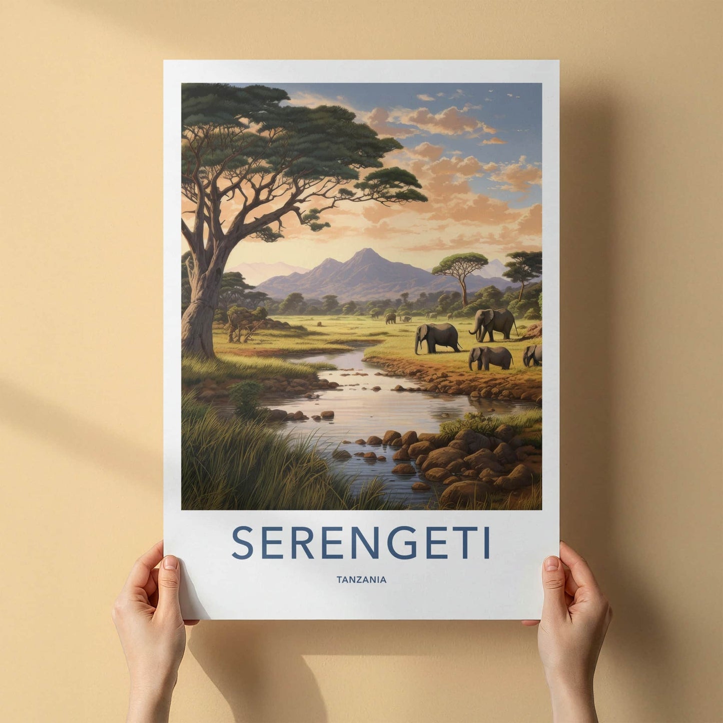 Serengeti Poster - Tanzania Travel Art - Elephants River Mountains Home Decor