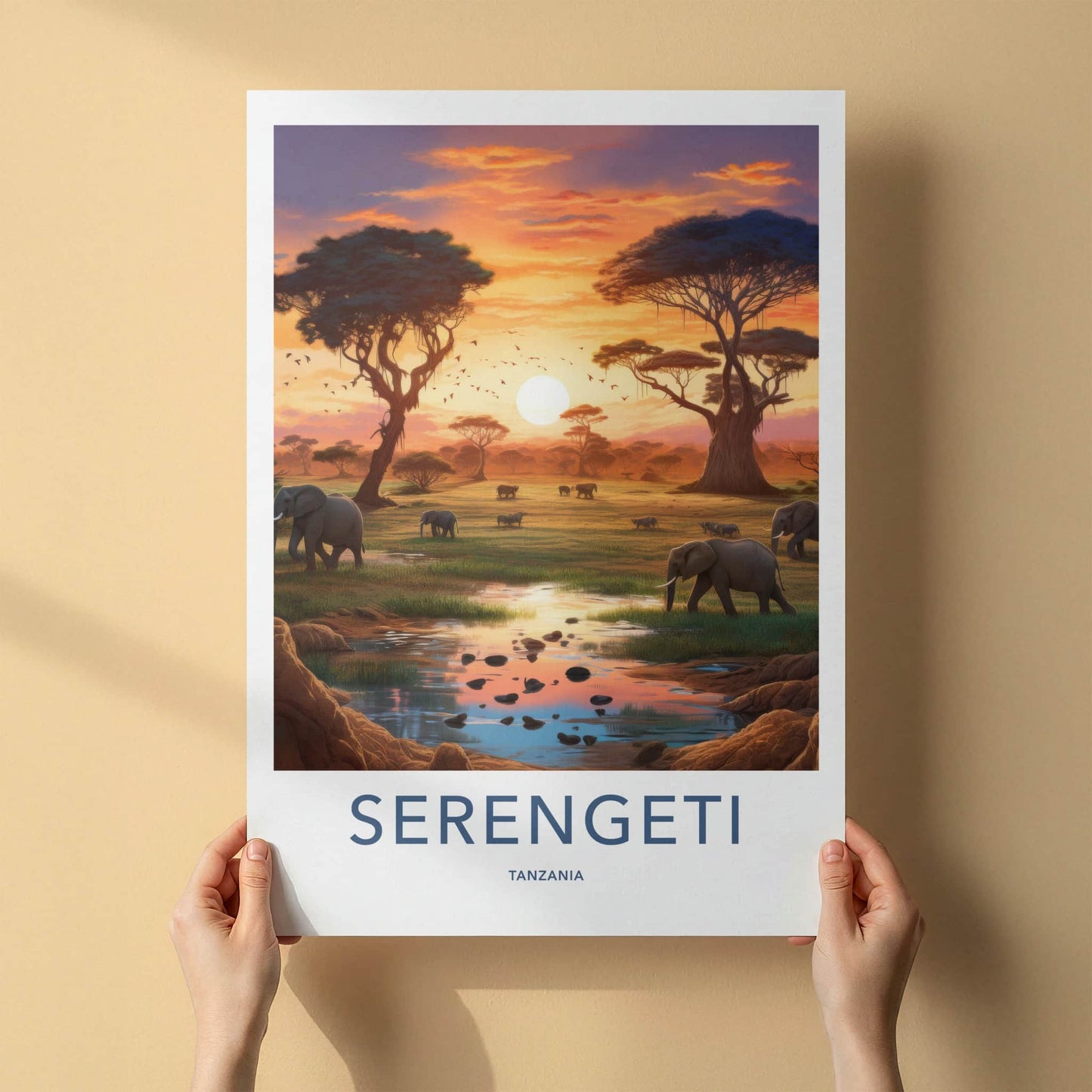 Serengeti Poster - Tanzania Travel Art - Elephants Sunset Water Home Decor