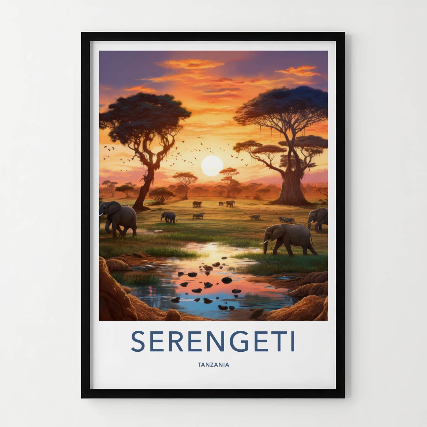 Serengeti Poster - Tanzania Travel Art - Elephants Sunset Water Home Decor