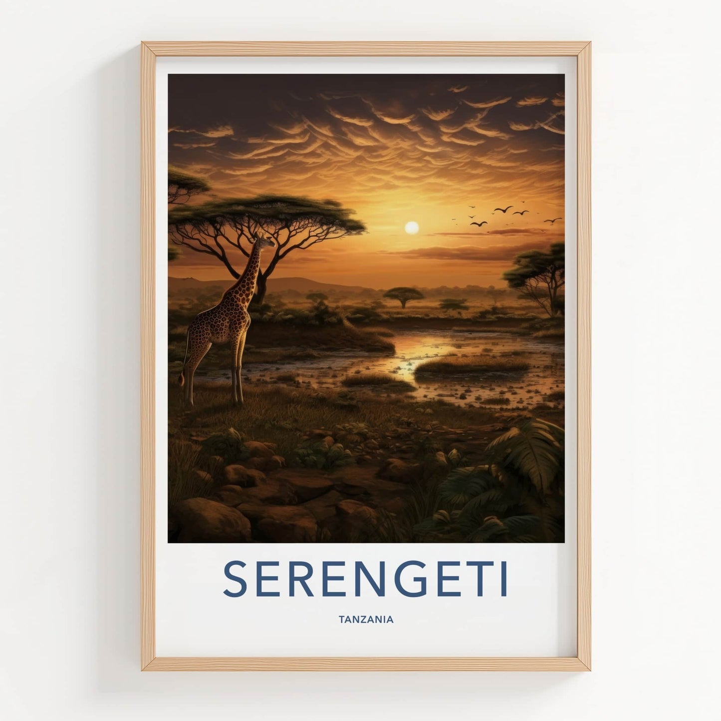 Serengeti Poster - Tanzania Travel Art - Giraffe Sunset Scene Home Decor