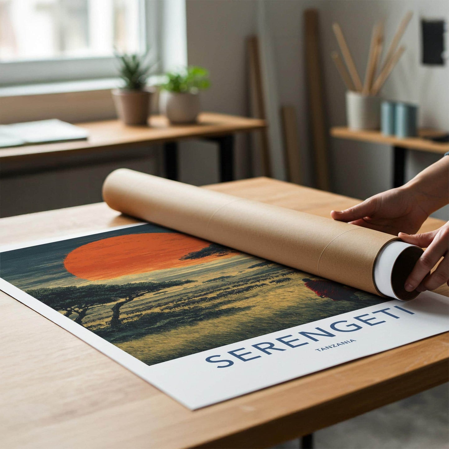 Serengeti Poster - Tanzania Travel Art - Maasai Sunset Herd Home Decor