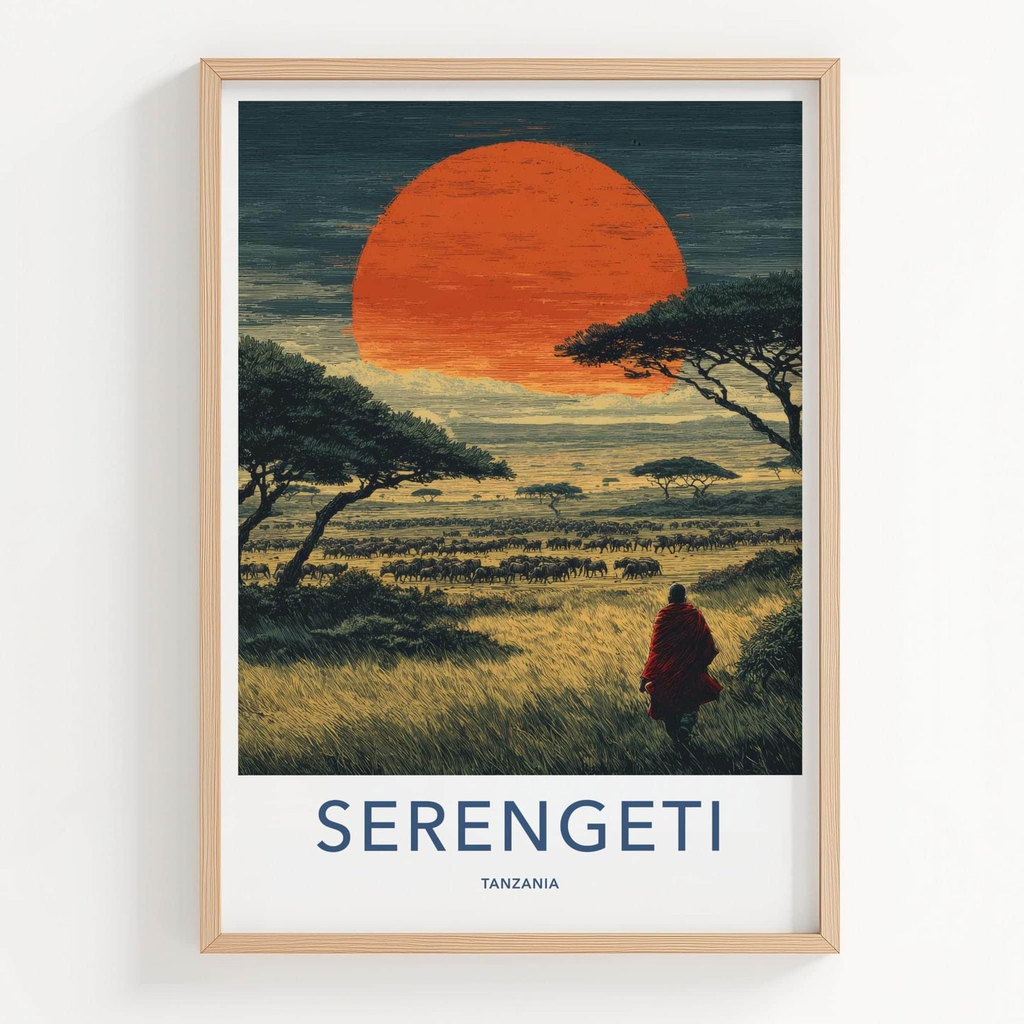 Serengeti Poster - Tanzania Travel Art - Maasai Sunset Herd Home Decor