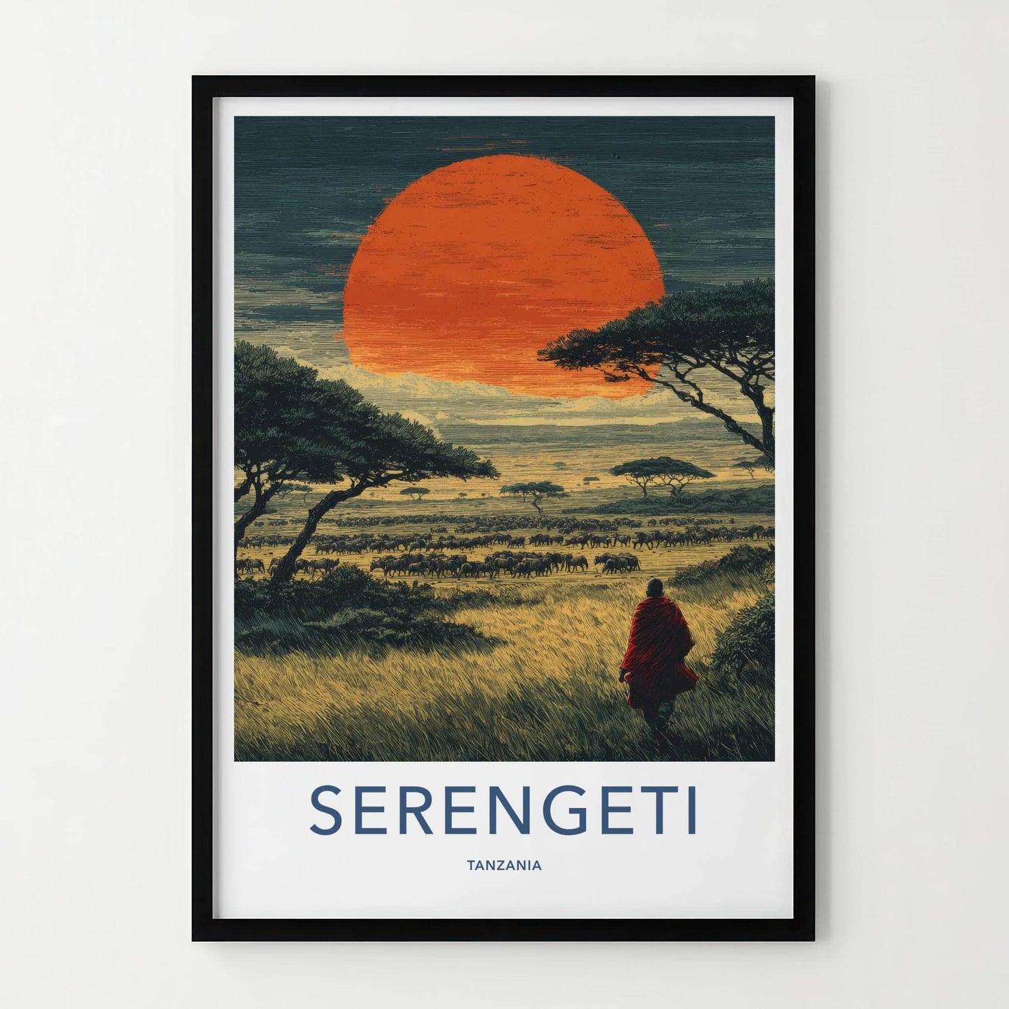 Serengeti Poster - Tanzania Travel Art - Maasai Sunset Herd Home Decor