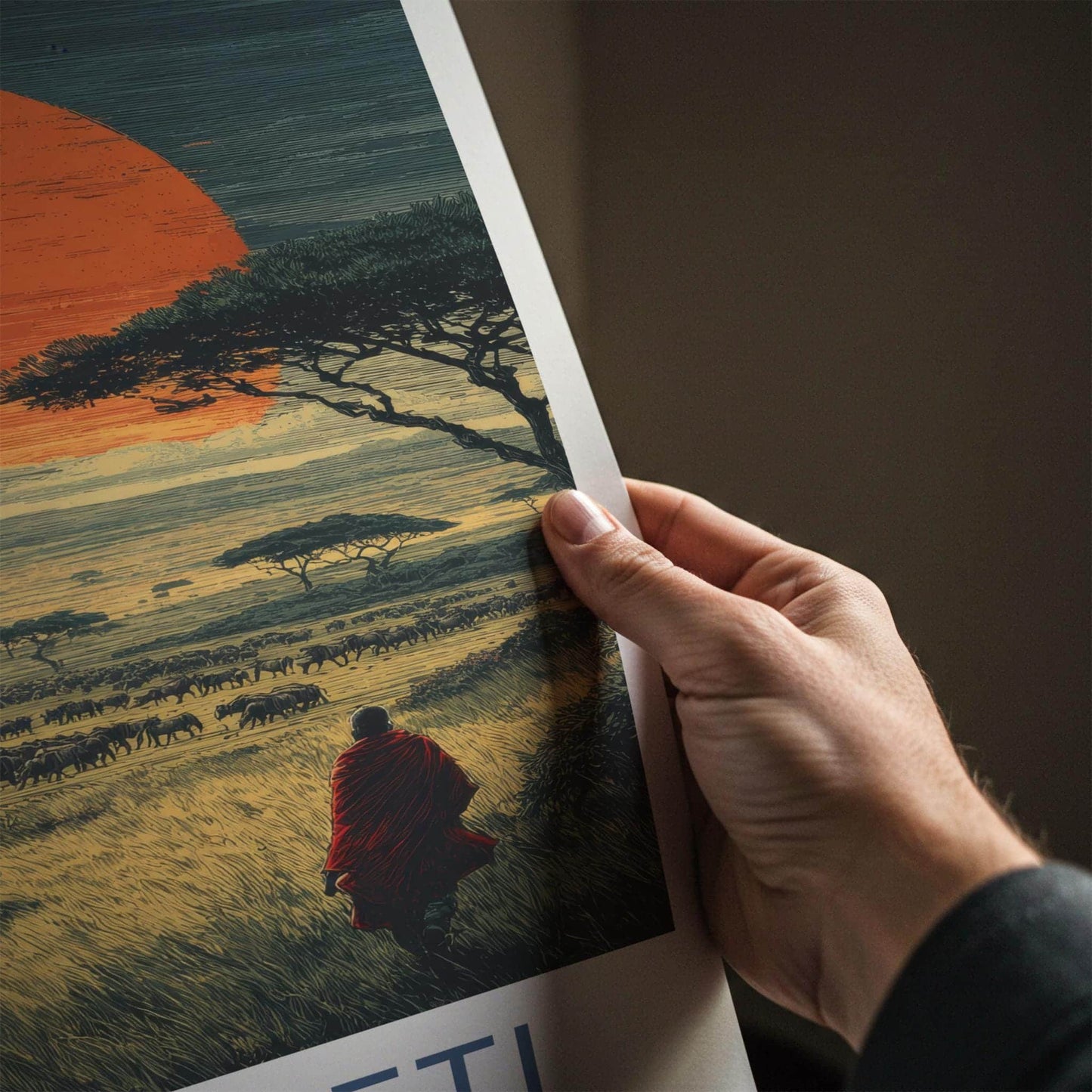 Serengeti Poster - Tanzania Travel Art - Maasai Sunset Herd Home Decor