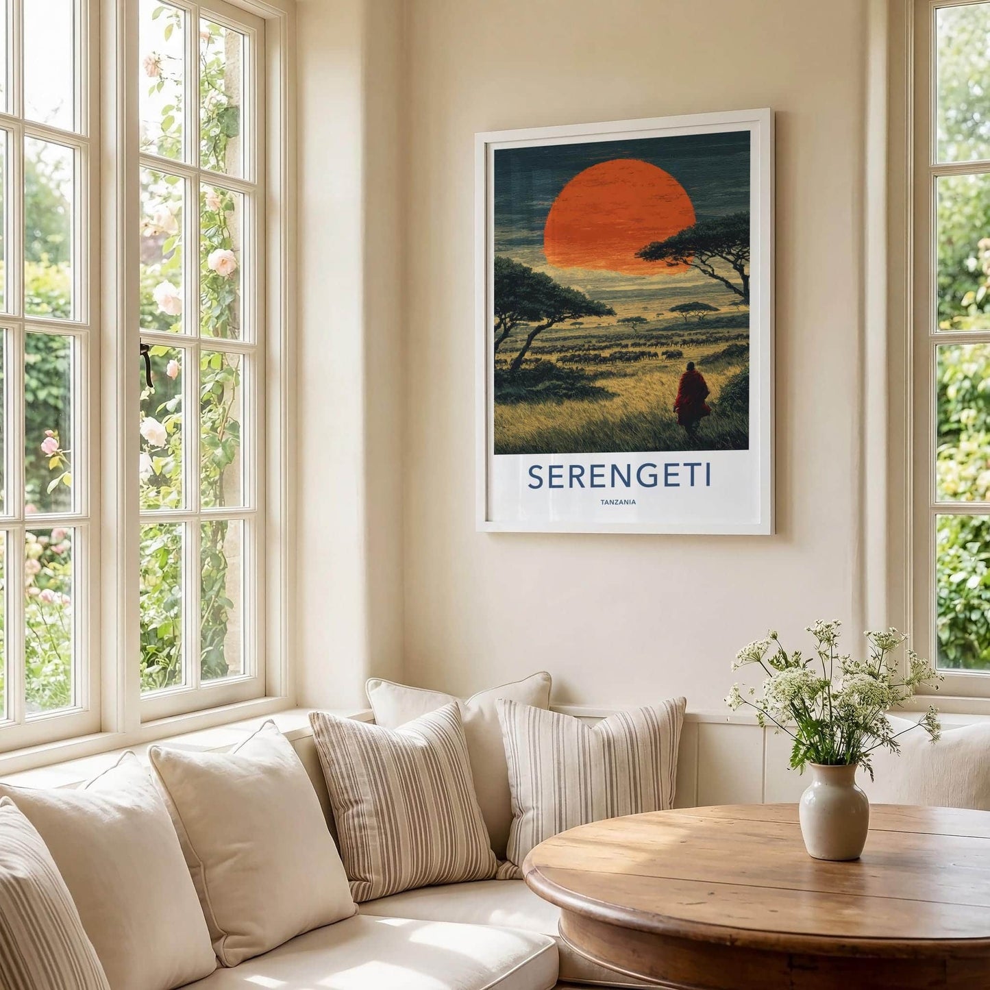 Serengeti Poster - Tanzania Travel Art - Maasai Sunset Herd Home Decor