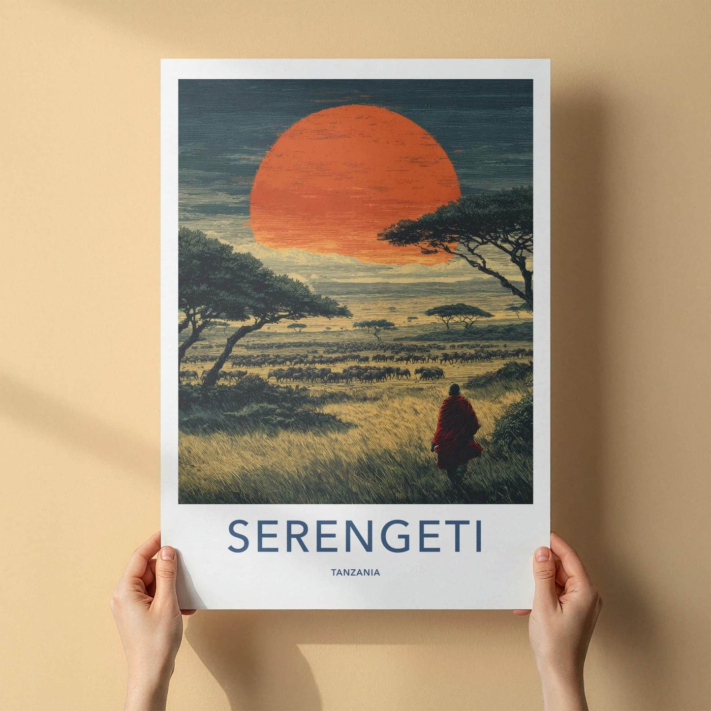 Serengeti Poster - Tanzania Travel Art - Maasai Sunset Herd Home Decor