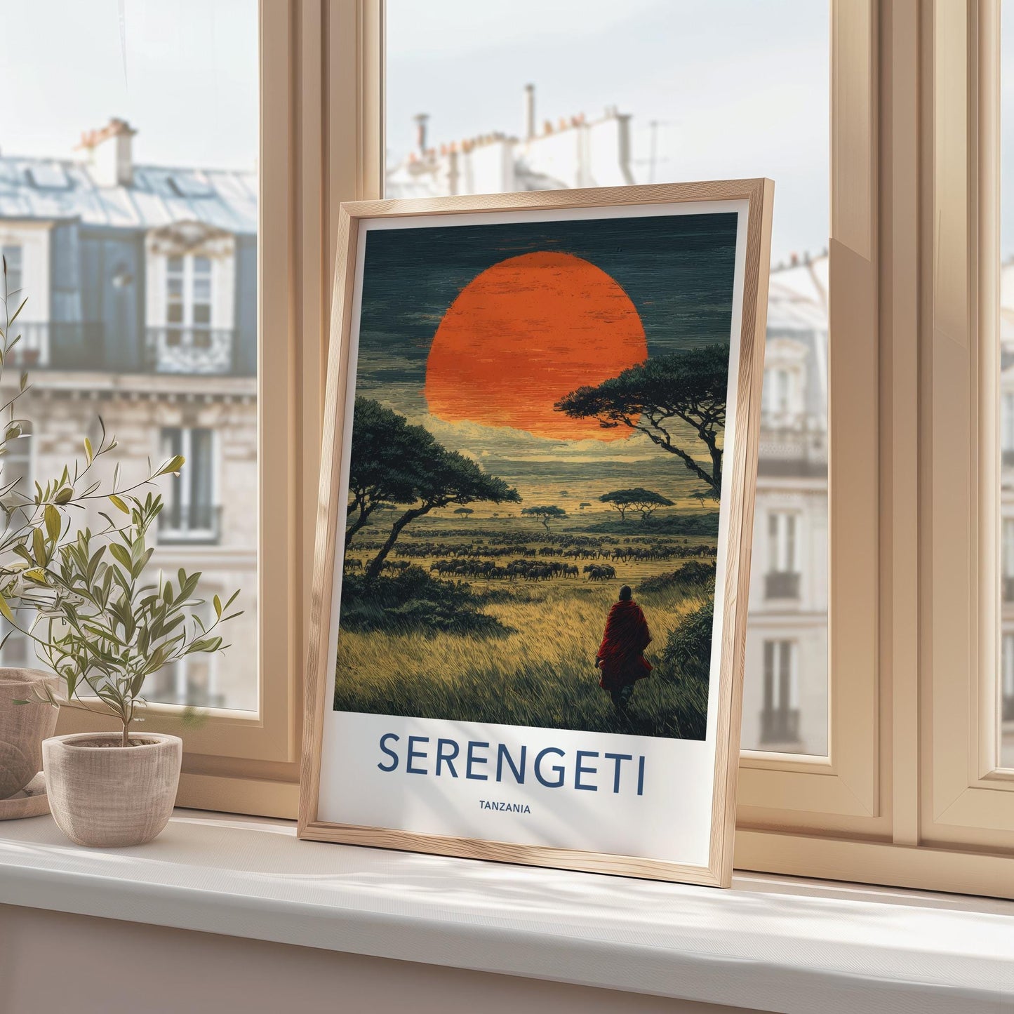 Serengeti Poster - Tanzania Travel Art - Maasai Sunset Herd Home Decor