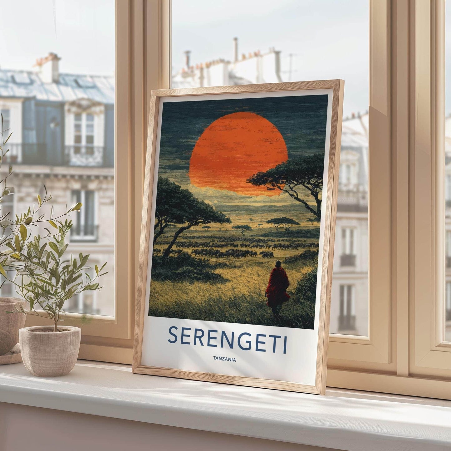 Serengeti Poster - Tanzania Travel Art - Maasai Sunset Herd Home Decor