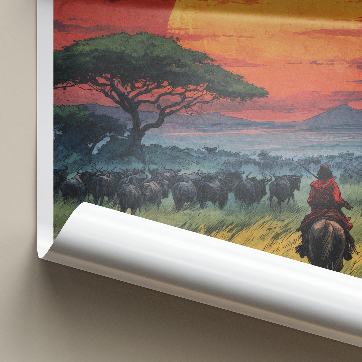 Serengeti Poster - Tanzania Travel Art - Rider Herd Sunset Home Decor