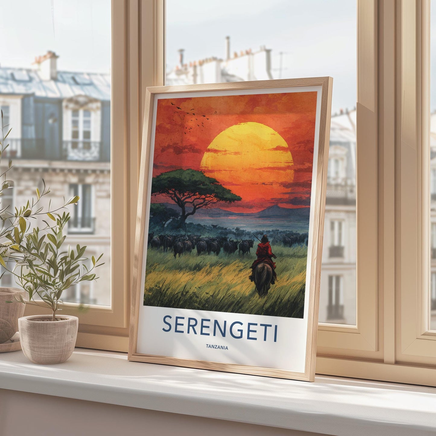 Serengeti Poster - Tanzania Travel Art - Rider Herd Sunset Home Decor