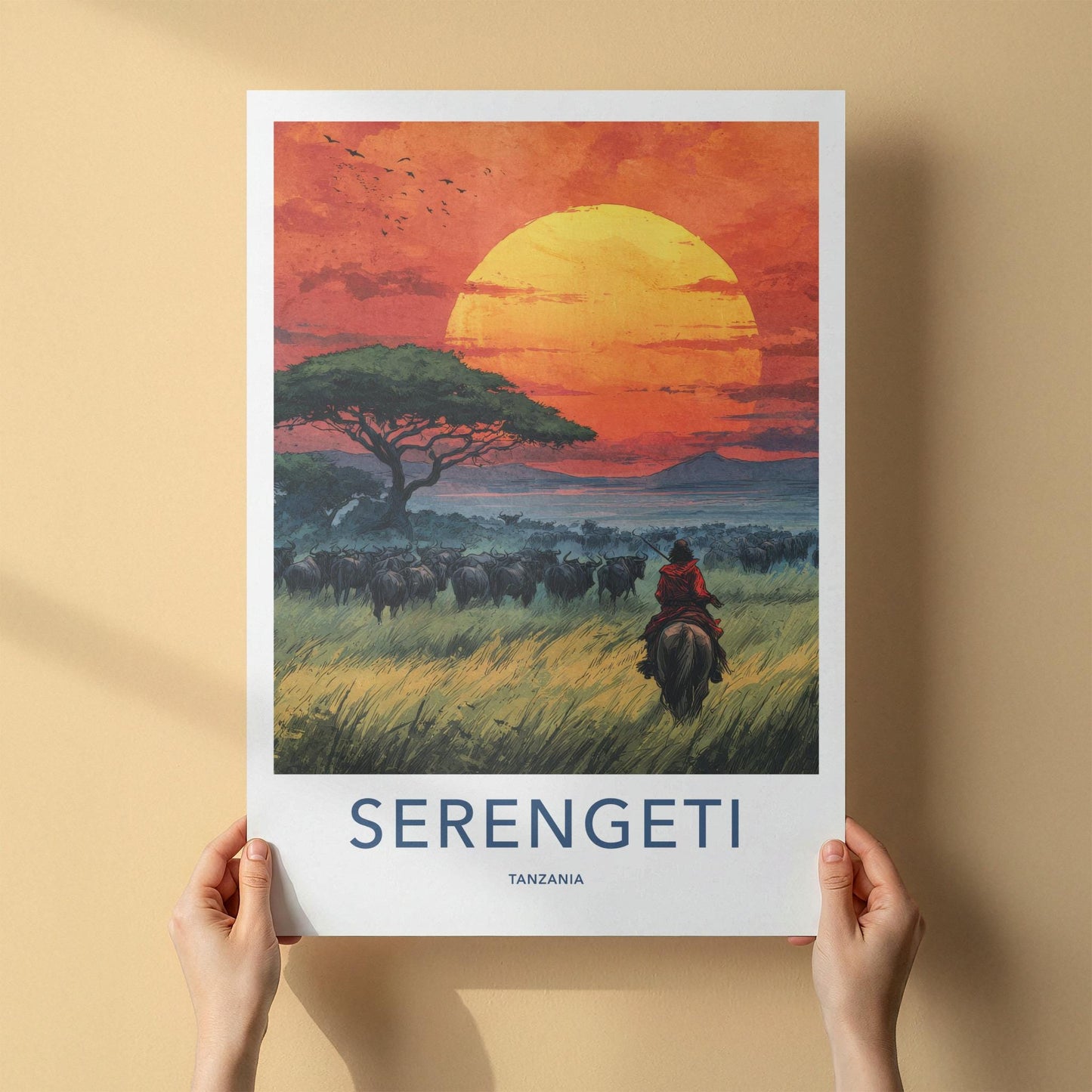 Serengeti Poster - Tanzania Travel Art - Rider Herd Sunset Home Decor