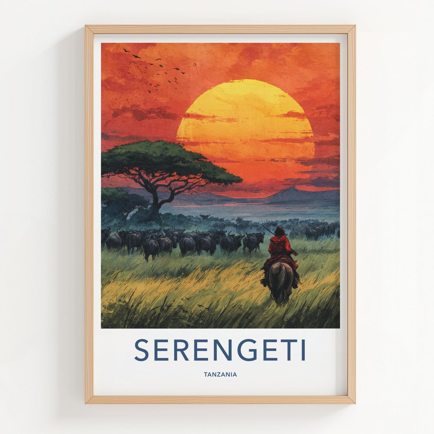 Serengeti Poster - Tanzania Travel Art - Rider Herd Sunset Home Decor