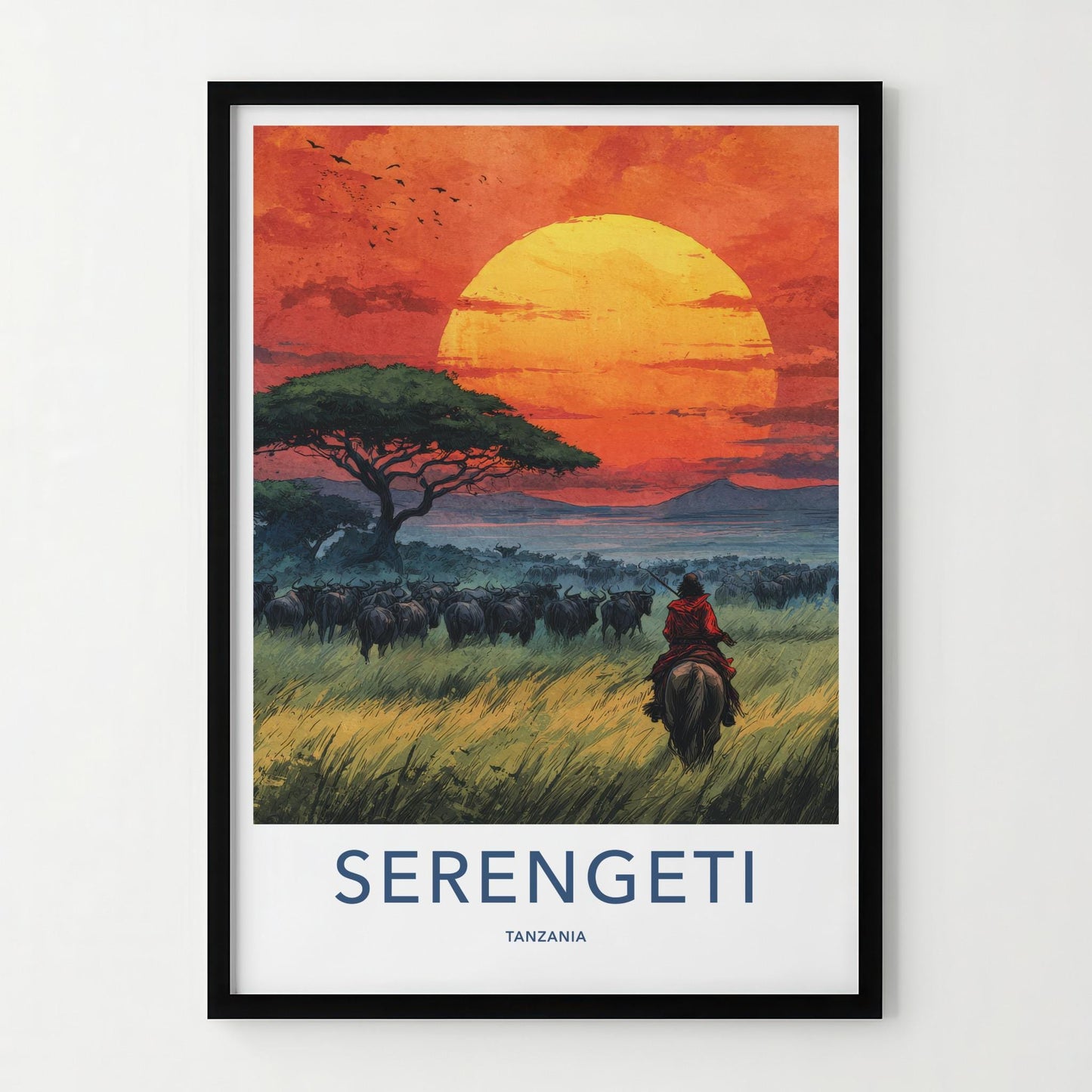 Serengeti Poster - Tanzania Travel Art - Rider Herd Sunset Home Decor