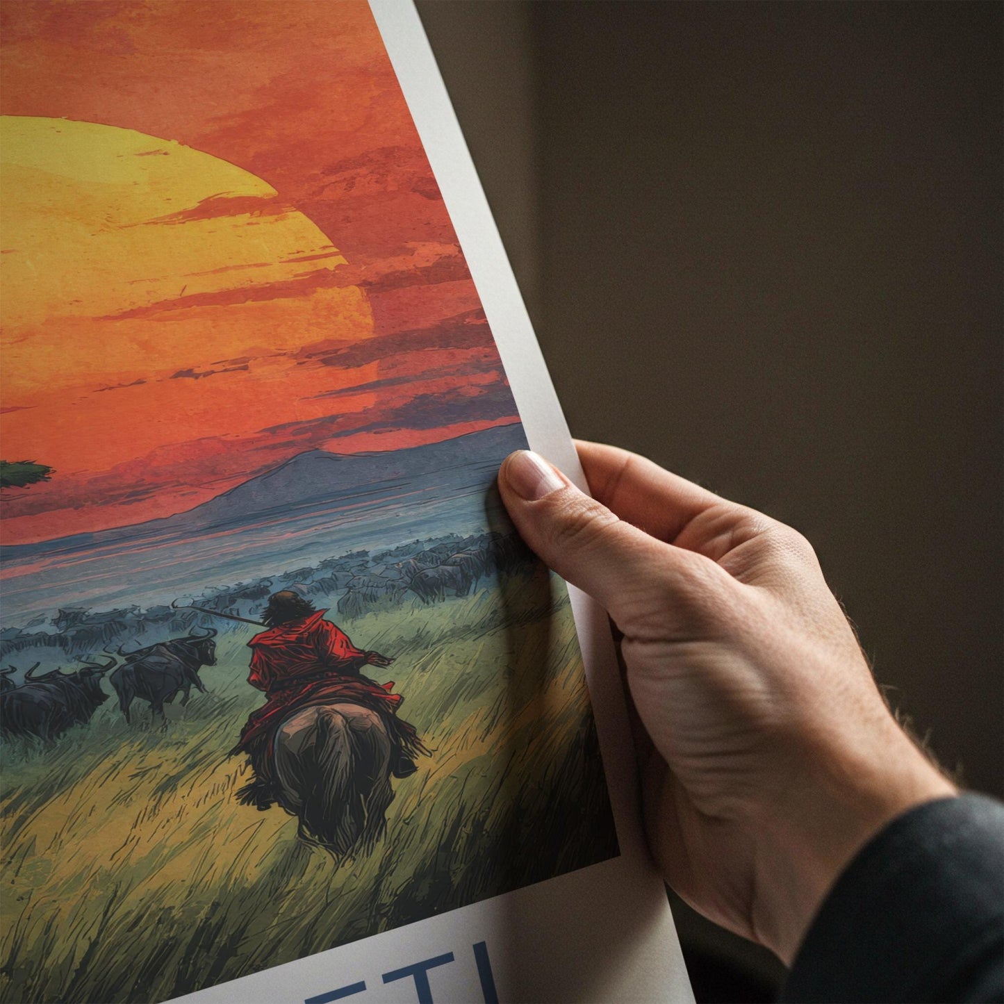 Serengeti Poster - Tanzania Travel Art - Rider Herd Sunset Home Decor