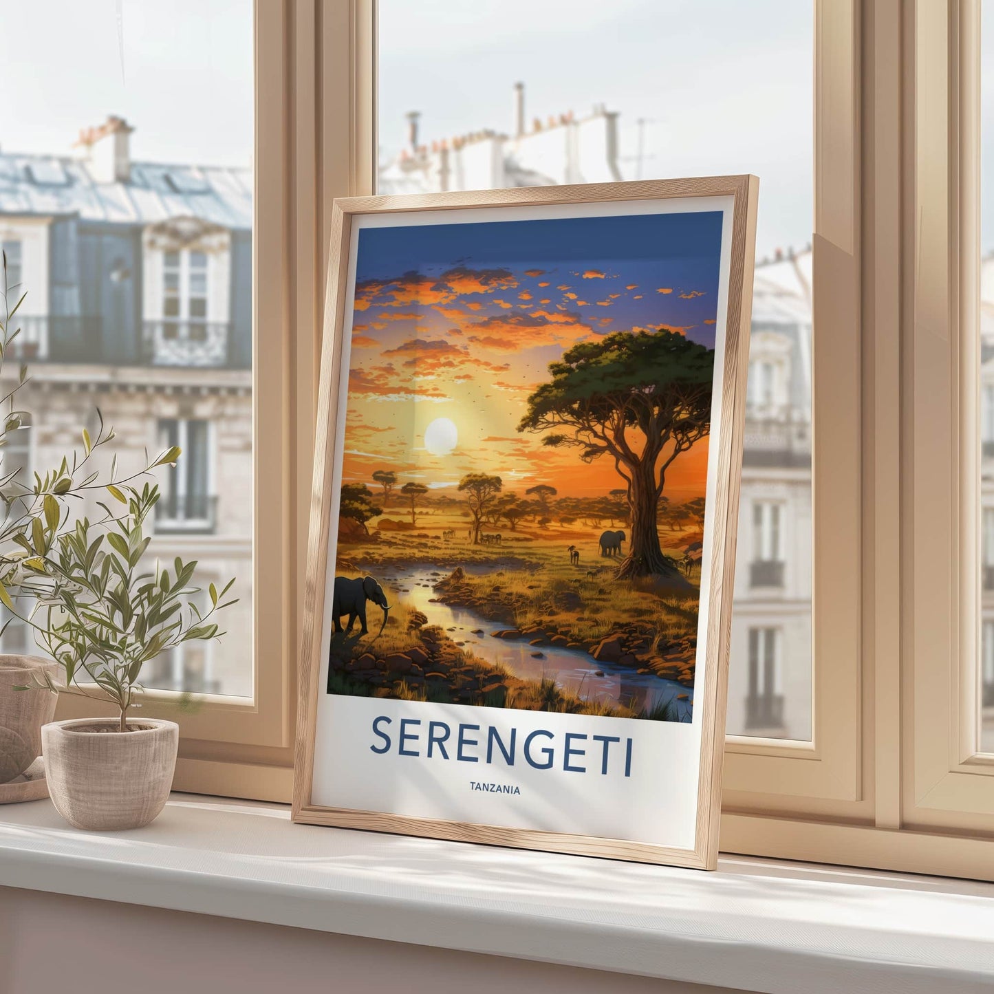Serengeti Poster - Tanzania Travel Art - Savanna Sunset Elephants Home Decor