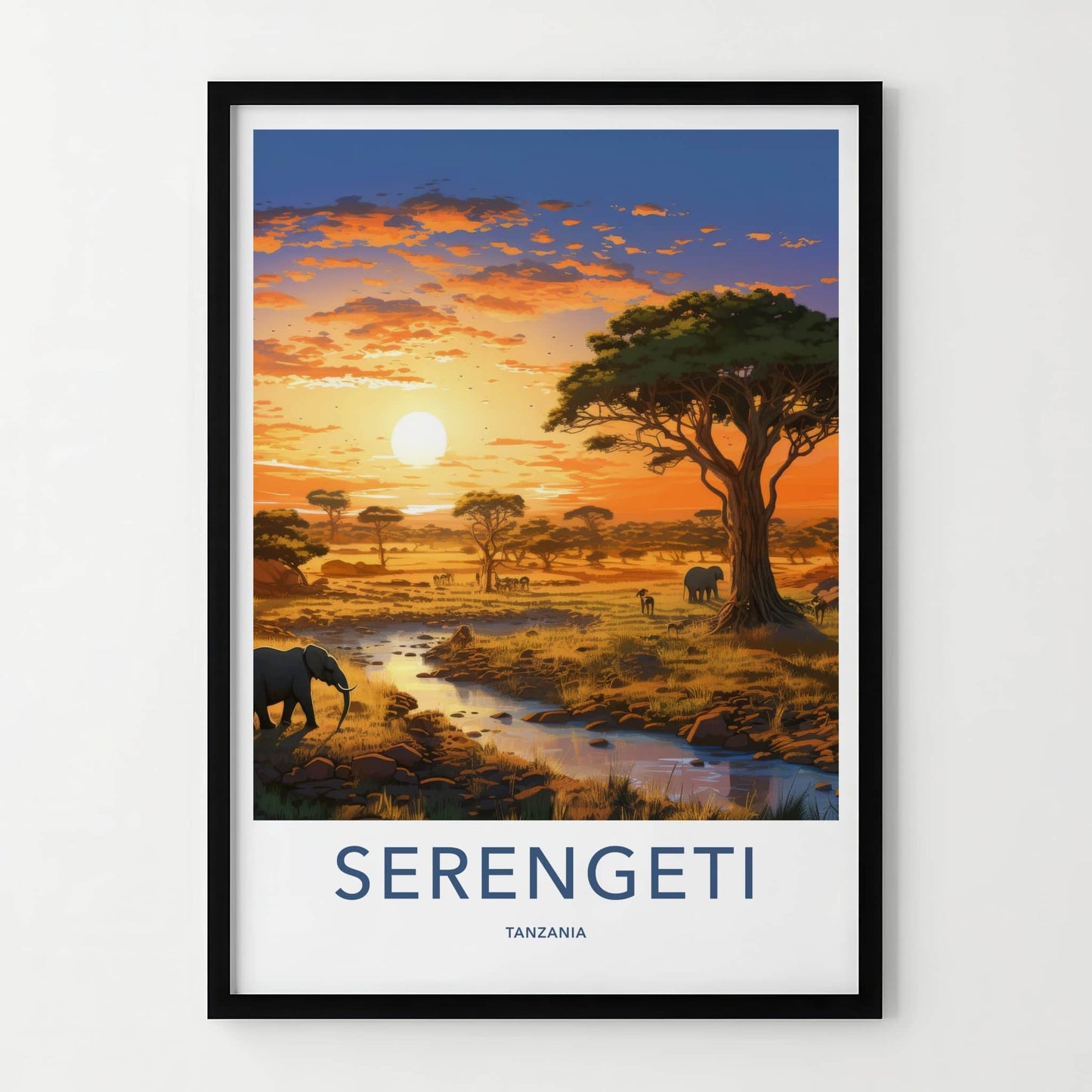Serengeti Poster - Tanzania Travel Art - Savanna Sunset Elephants Home Decor
