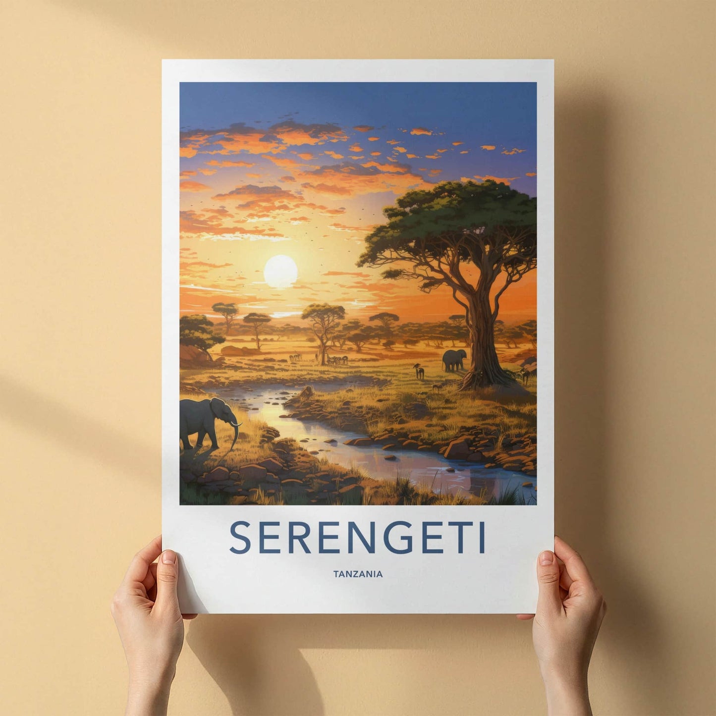 Serengeti Poster - Tanzania Travel Art - Savanna Sunset Elephants Home Decor