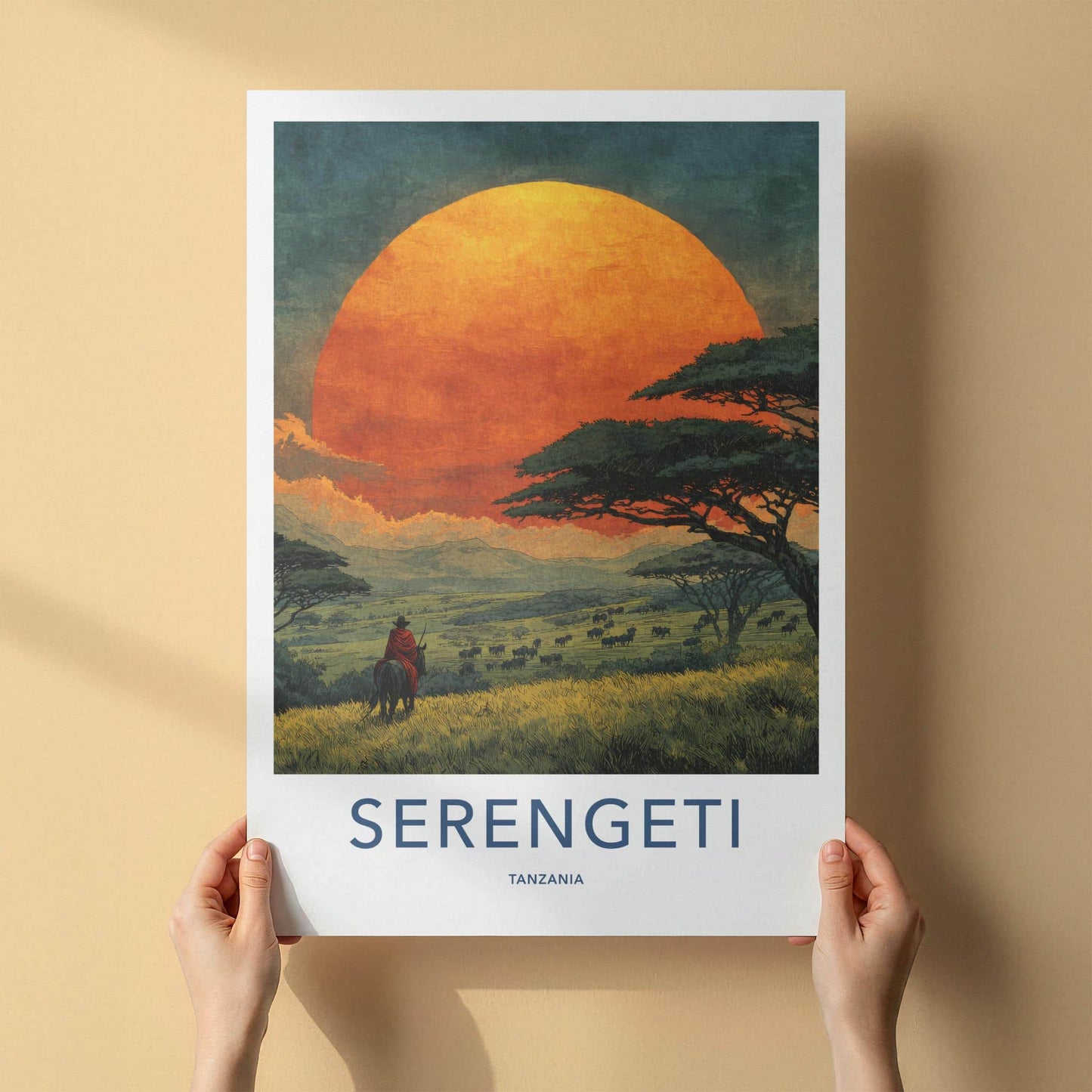 Serengeti Poster - Tanzania Travel Art - Savanna Sunset Rider Home Decor