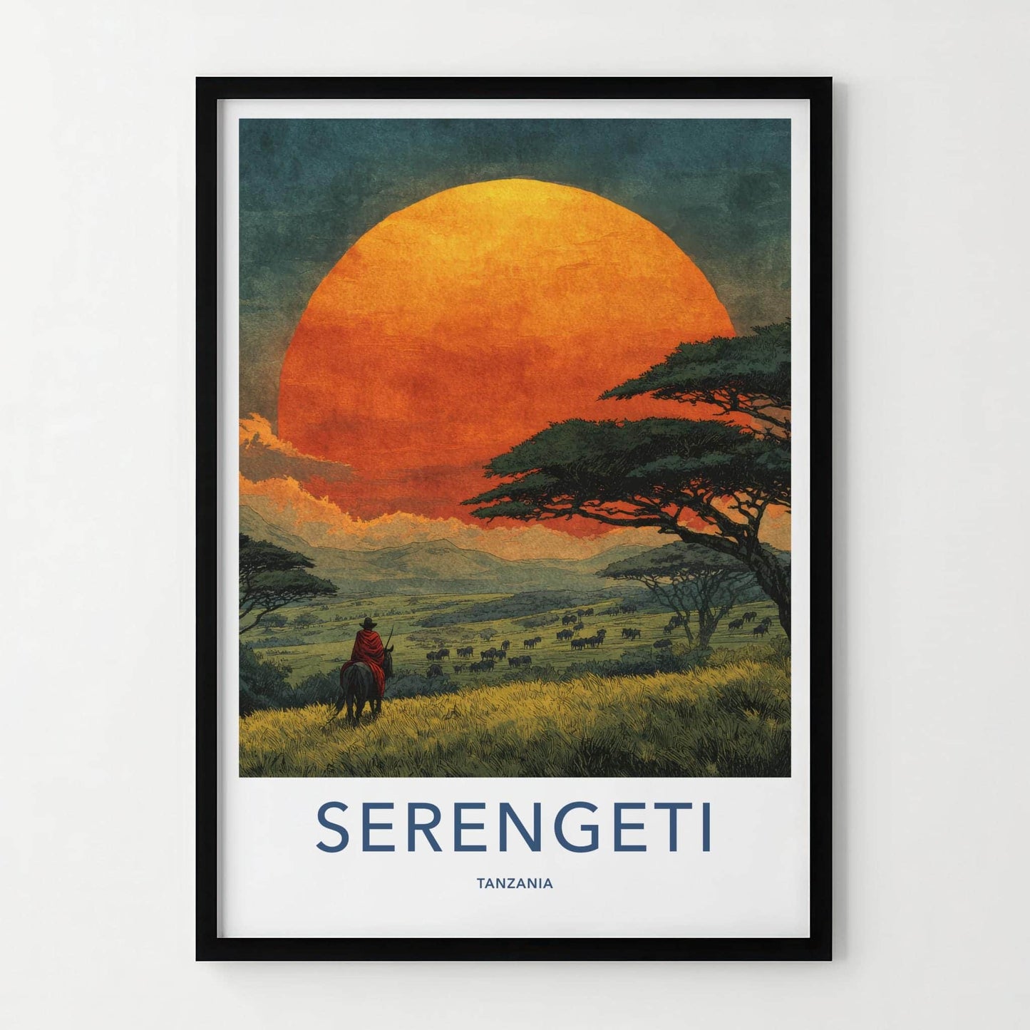 Serengeti Poster - Tanzania Travel Art - Savanna Sunset Rider Home Decor