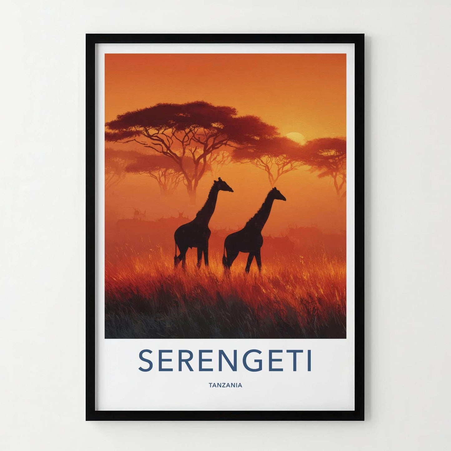 Serengeti Poster - Tanzania Travel Art - Silhouetted Giraffes Sunset Wall Decor