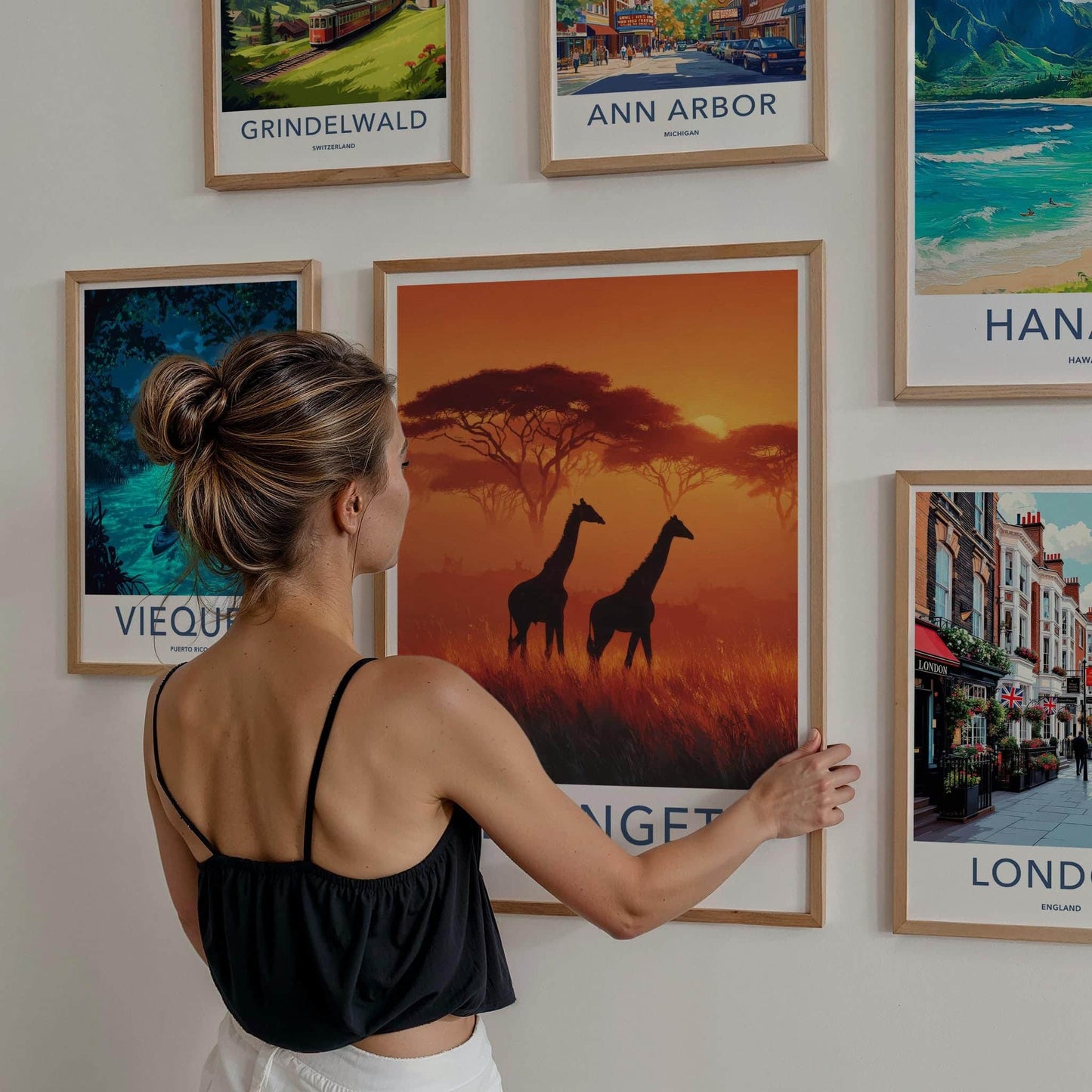 Serengeti Poster - Tanzania Travel Art - Silhouetted Giraffes Sunset Wall Decor