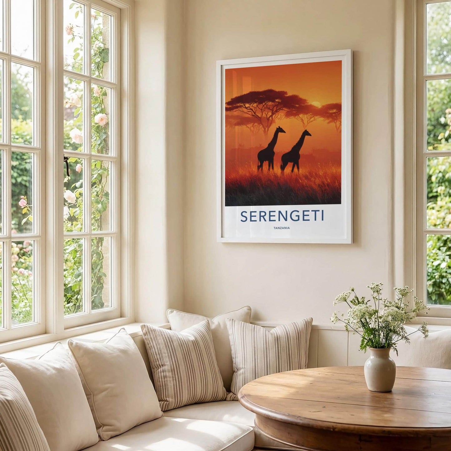 Serengeti Poster - Tanzania Travel Art - Silhouetted Giraffes Sunset Wall Decor