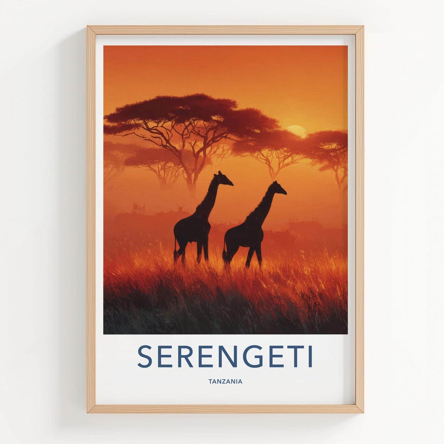 Serengeti Poster - Tanzania Travel Art - Silhouetted Giraffes Sunset Wall Decor