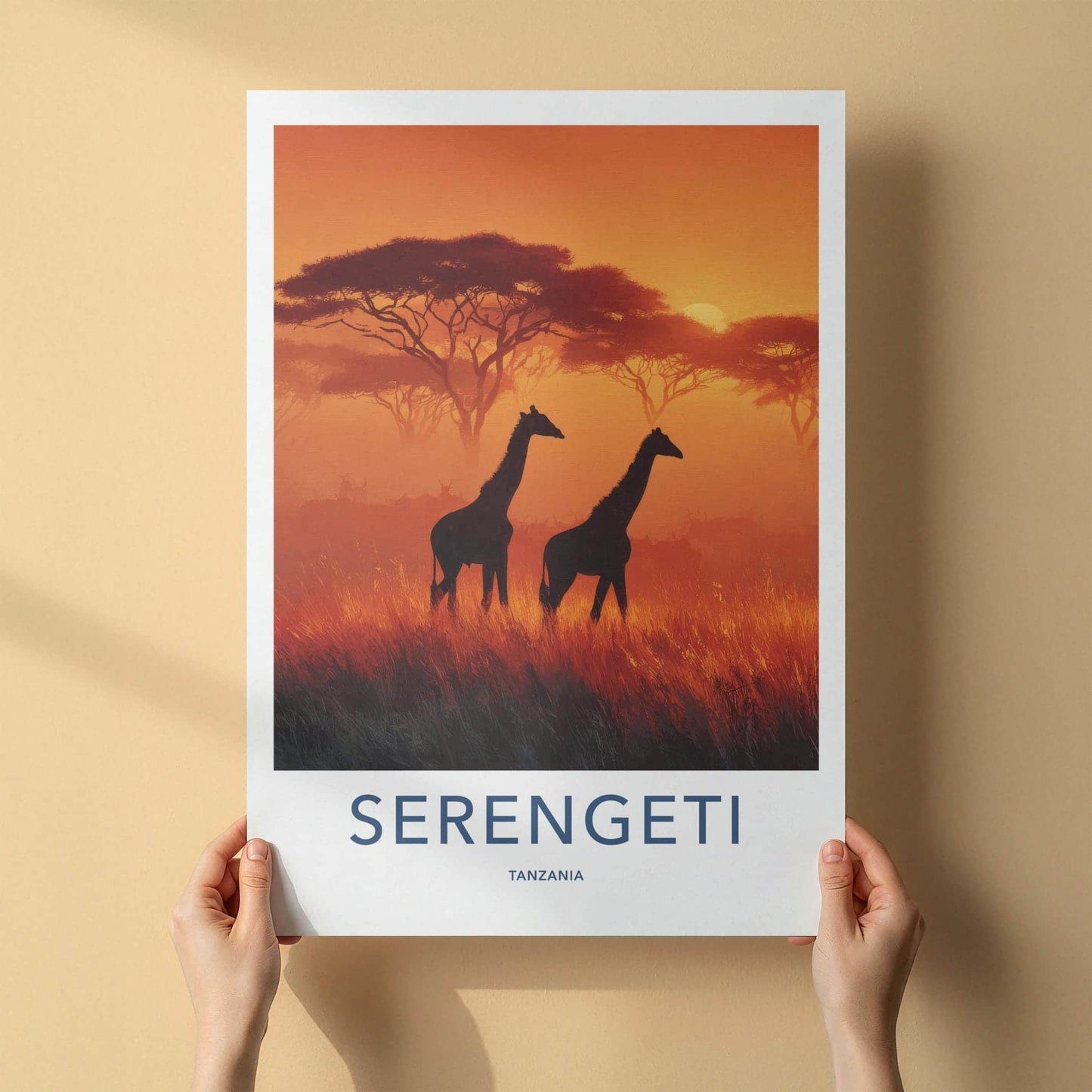 Serengeti Poster - Tanzania Travel Art - Silhouetted Giraffes Sunset Wall Decor