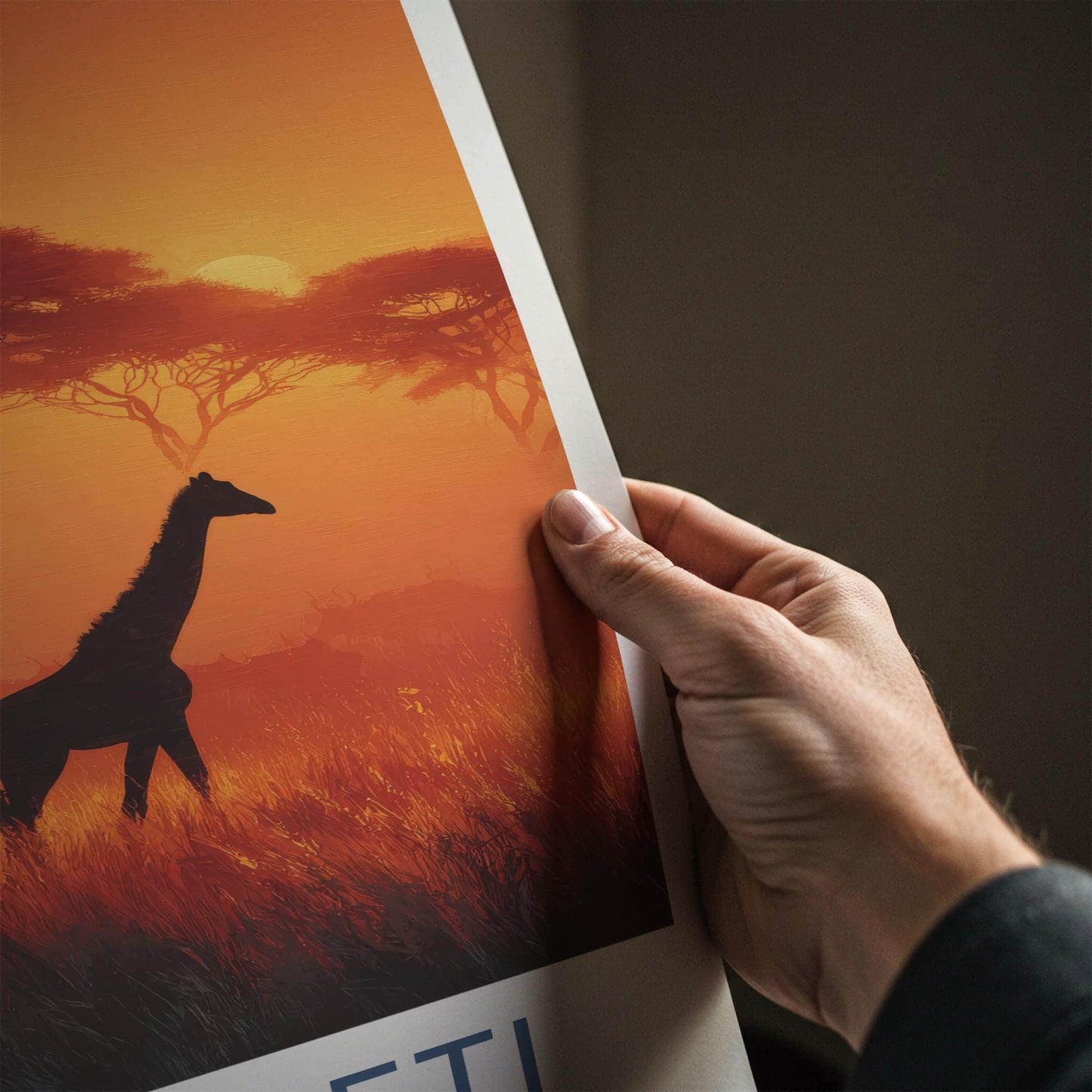 Serengeti Poster - Tanzania Travel Art - Silhouetted Giraffes Sunset Wall Decor