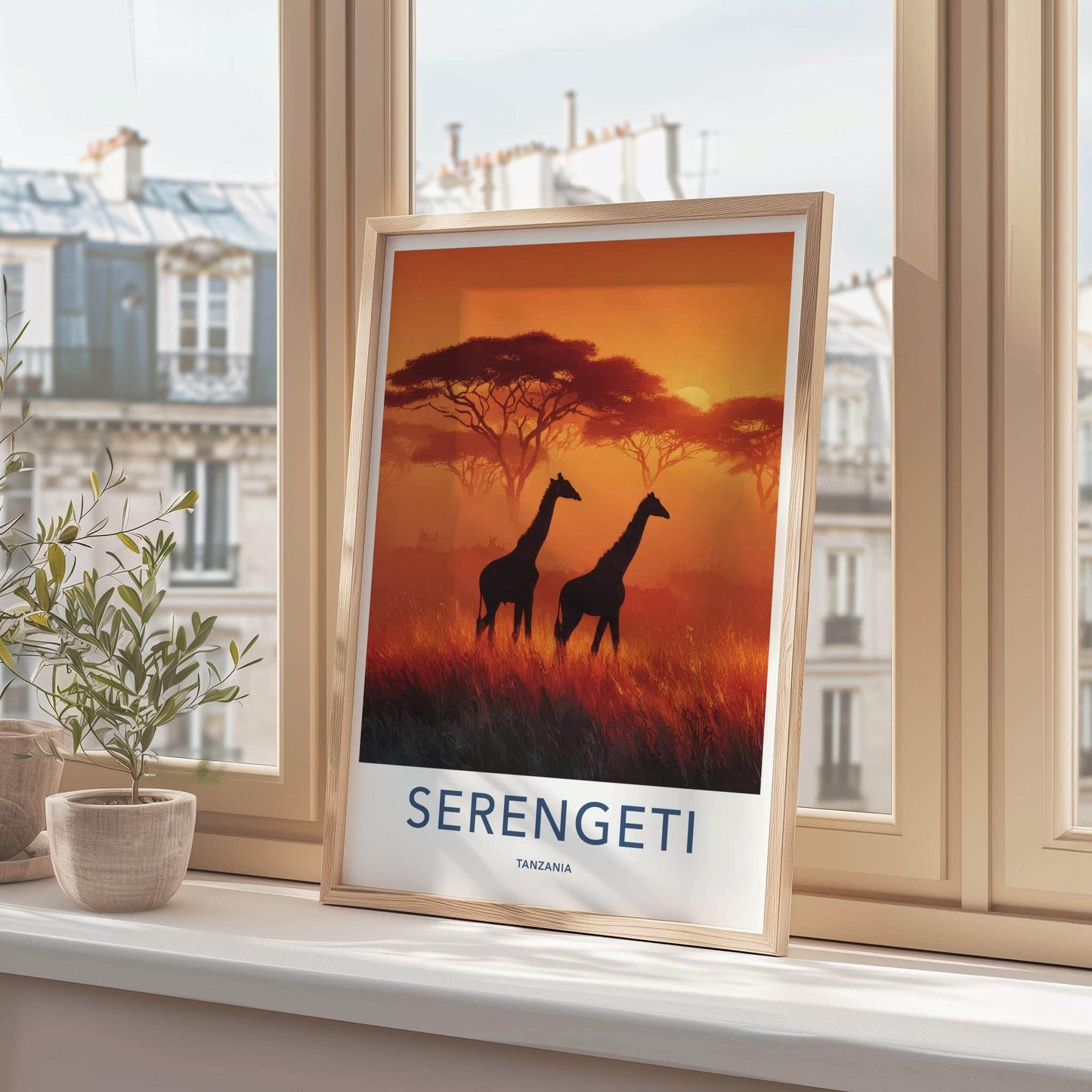 Serengeti Poster - Tanzania Travel Art - Silhouetted Giraffes Sunset Wall Decor