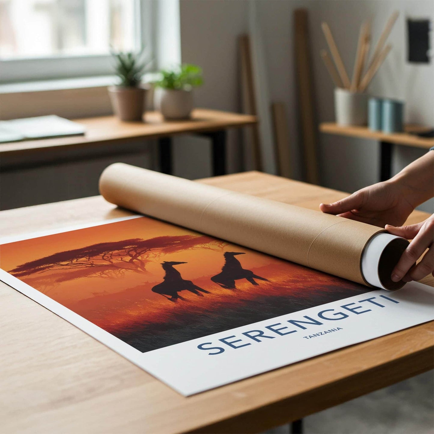 Serengeti Poster - Tanzania Travel Art - Silhouetted Giraffes Sunset Wall Decor