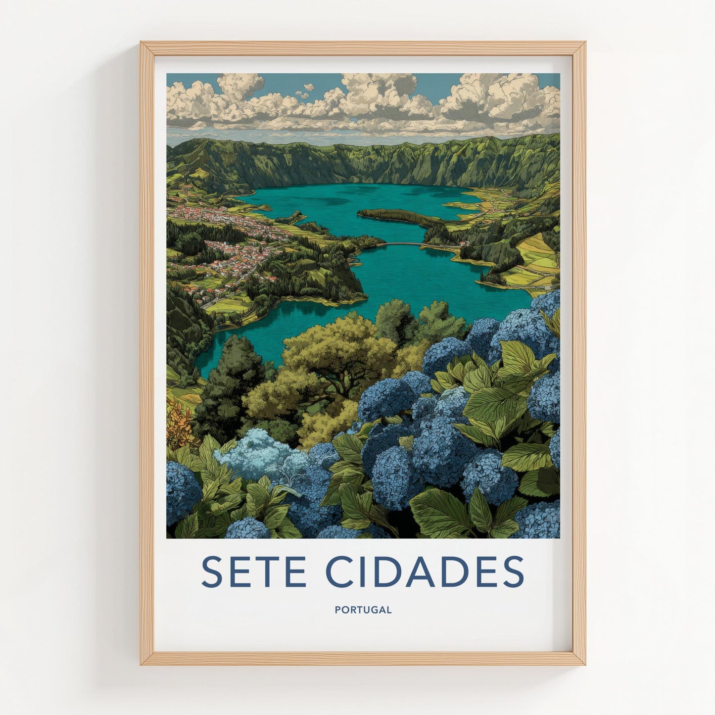 Sete Cidades Poster - Portugal Travel Art - Blue Hydrangea Lake Home Decor
