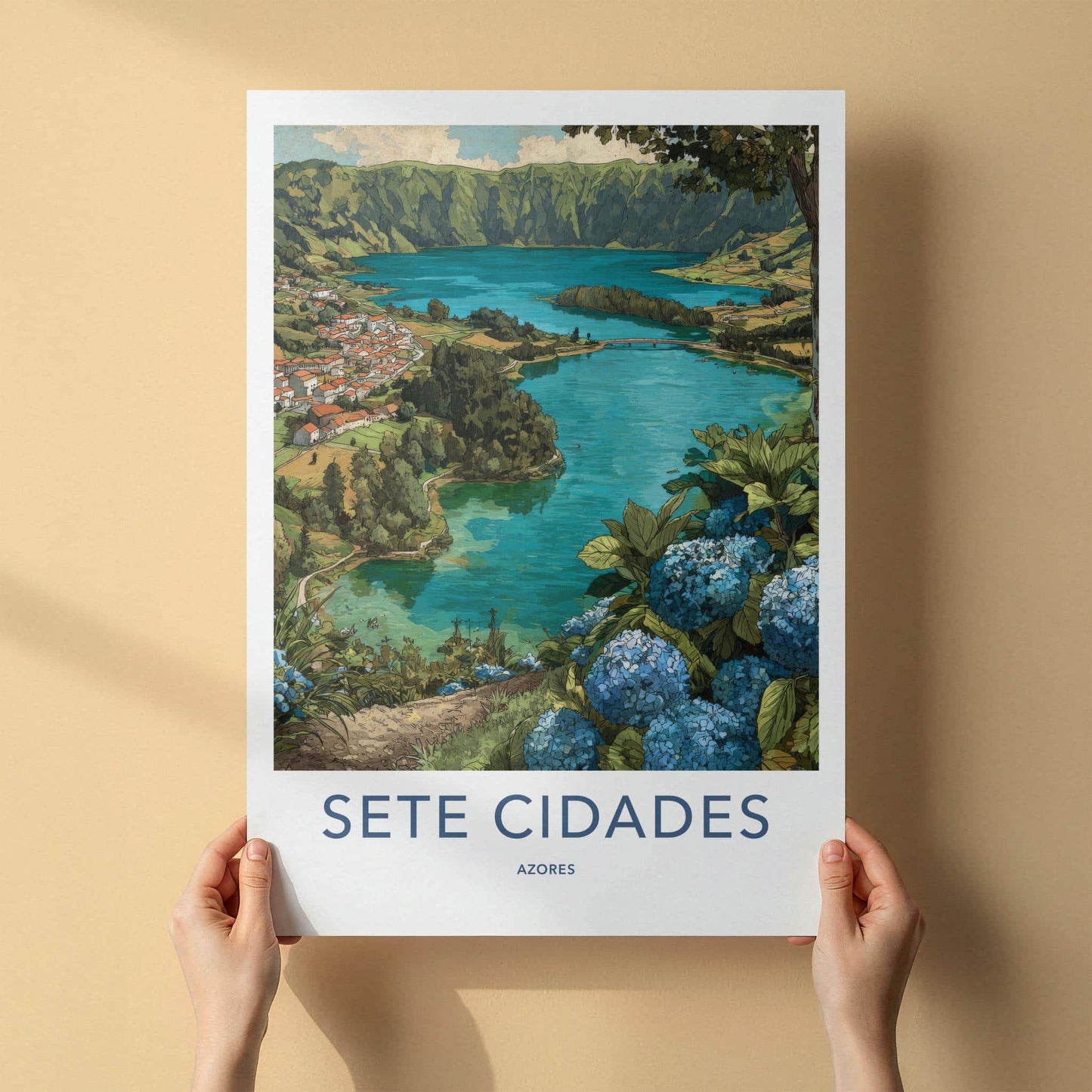 Sete Cidades Poster - Portugal Travel Art - Hydrangea Lake Vista Wall Decor