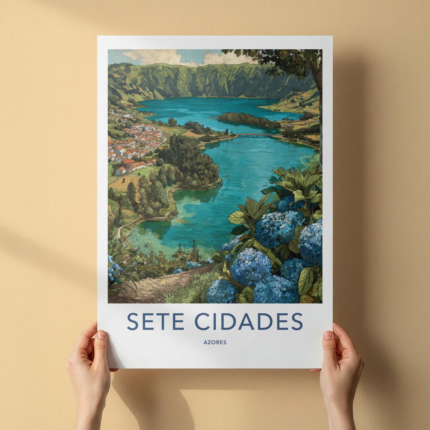 Sete Cidades Poster - Portugal Travel Art - Hydrangea Lake Vista Wall Decor