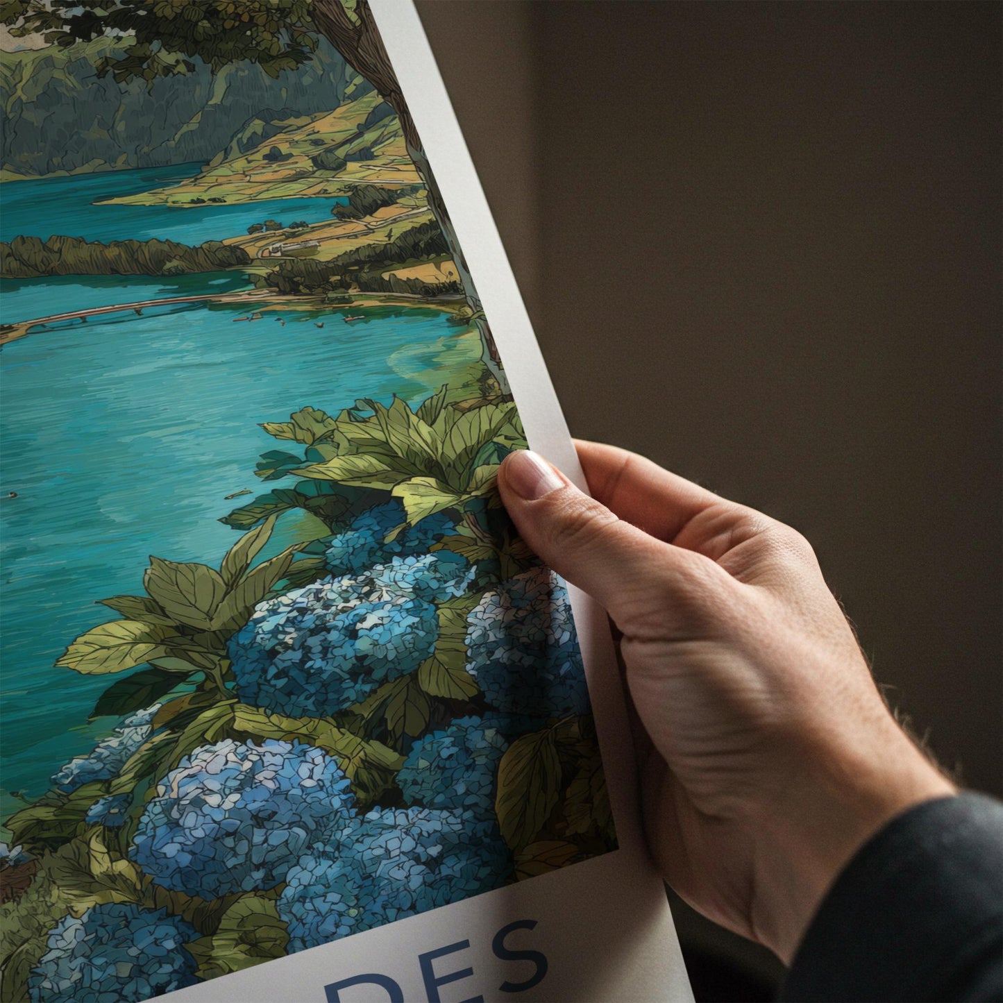 Sete Cidades Poster - Portugal Travel Art - Hydrangea Lake Vista Wall Decor
