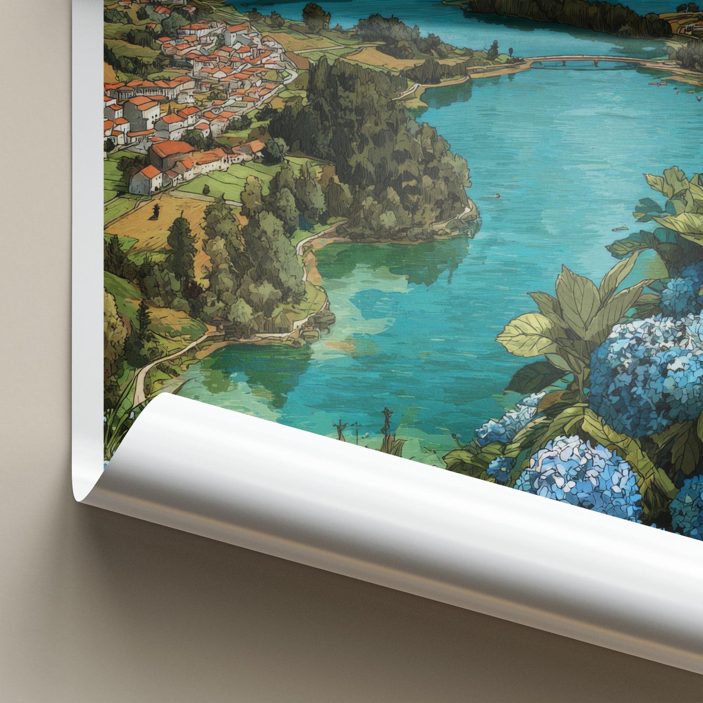 Sete Cidades Poster - Portugal Travel Art - Hydrangea Lake Vista Wall Decor