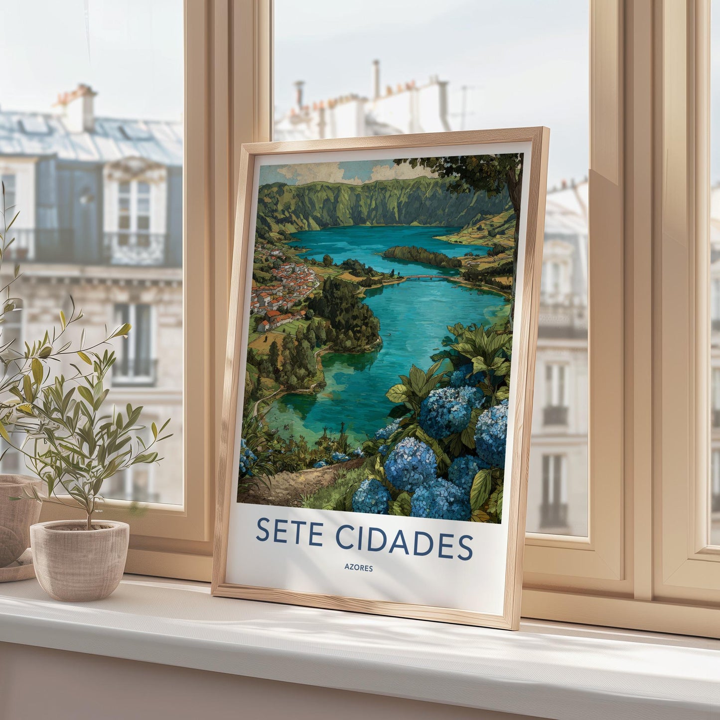 Sete Cidades Poster - Portugal Travel Art - Hydrangea Lake Vista Wall Decor