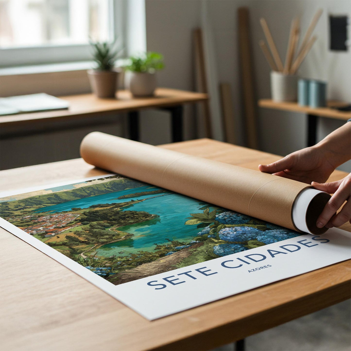 Sete Cidades Poster - Portugal Travel Art - Hydrangea Lake Vista Wall Decor