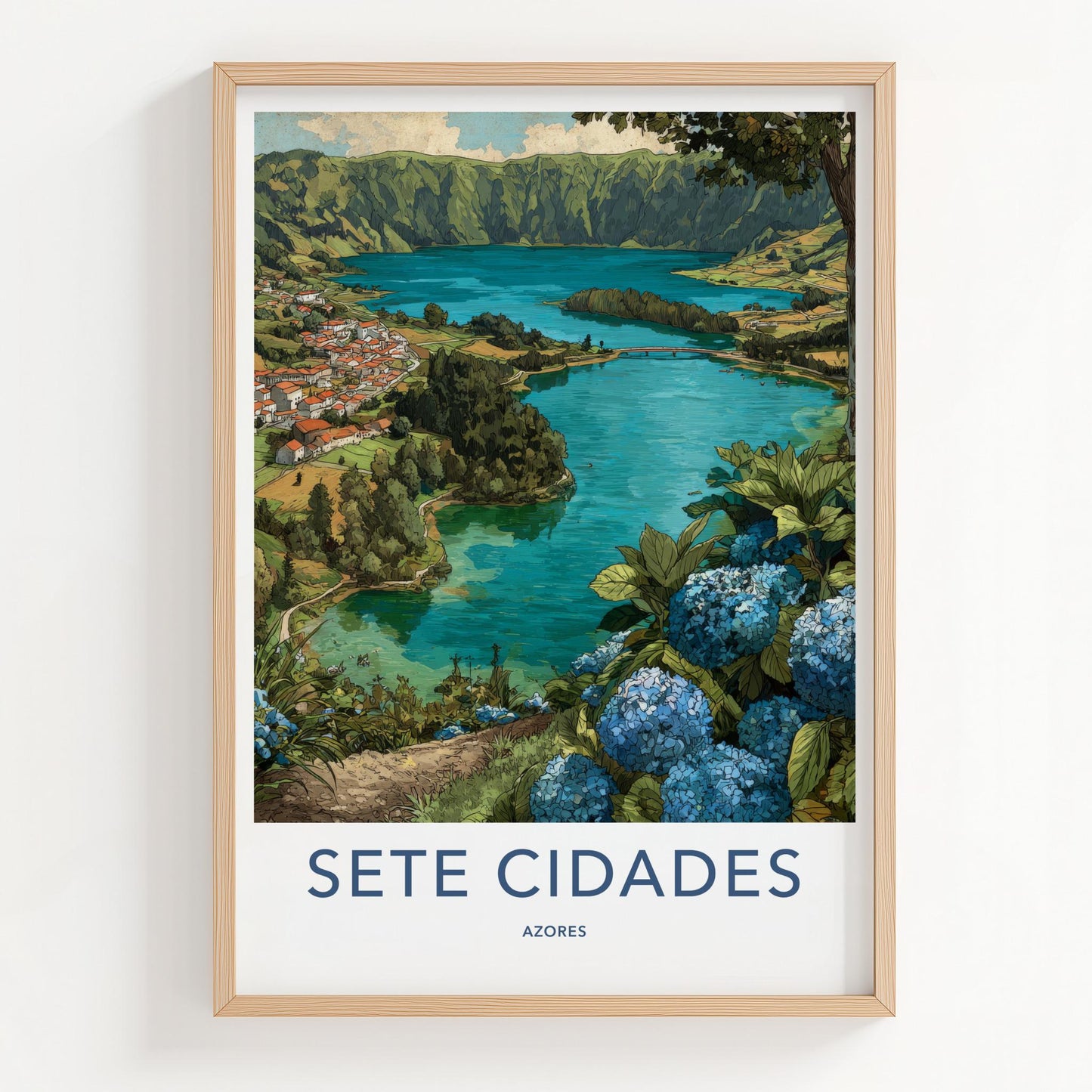 Sete Cidades Poster - Portugal Travel Art - Hydrangea Lake Vista Wall Decor