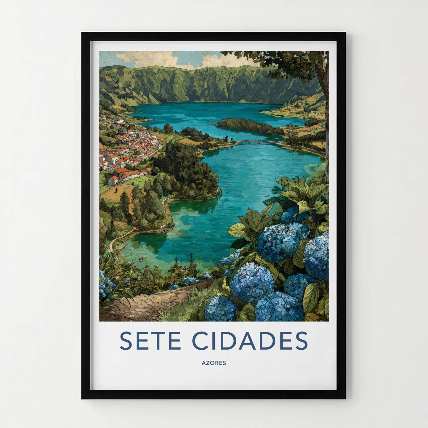Sete Cidades Poster - Portugal Travel Art - Hydrangea Lake Vista Wall Decor