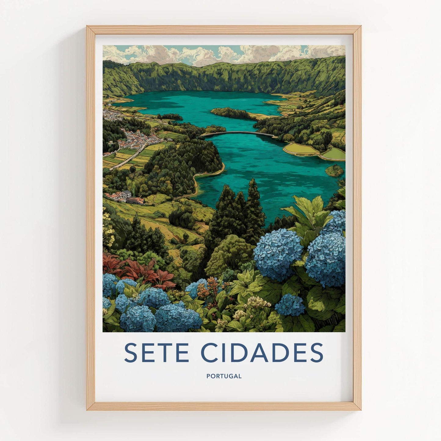 Sete Cidades Poster - Portugal Travel Art - Hydrangea Lake Vista Wall Decor