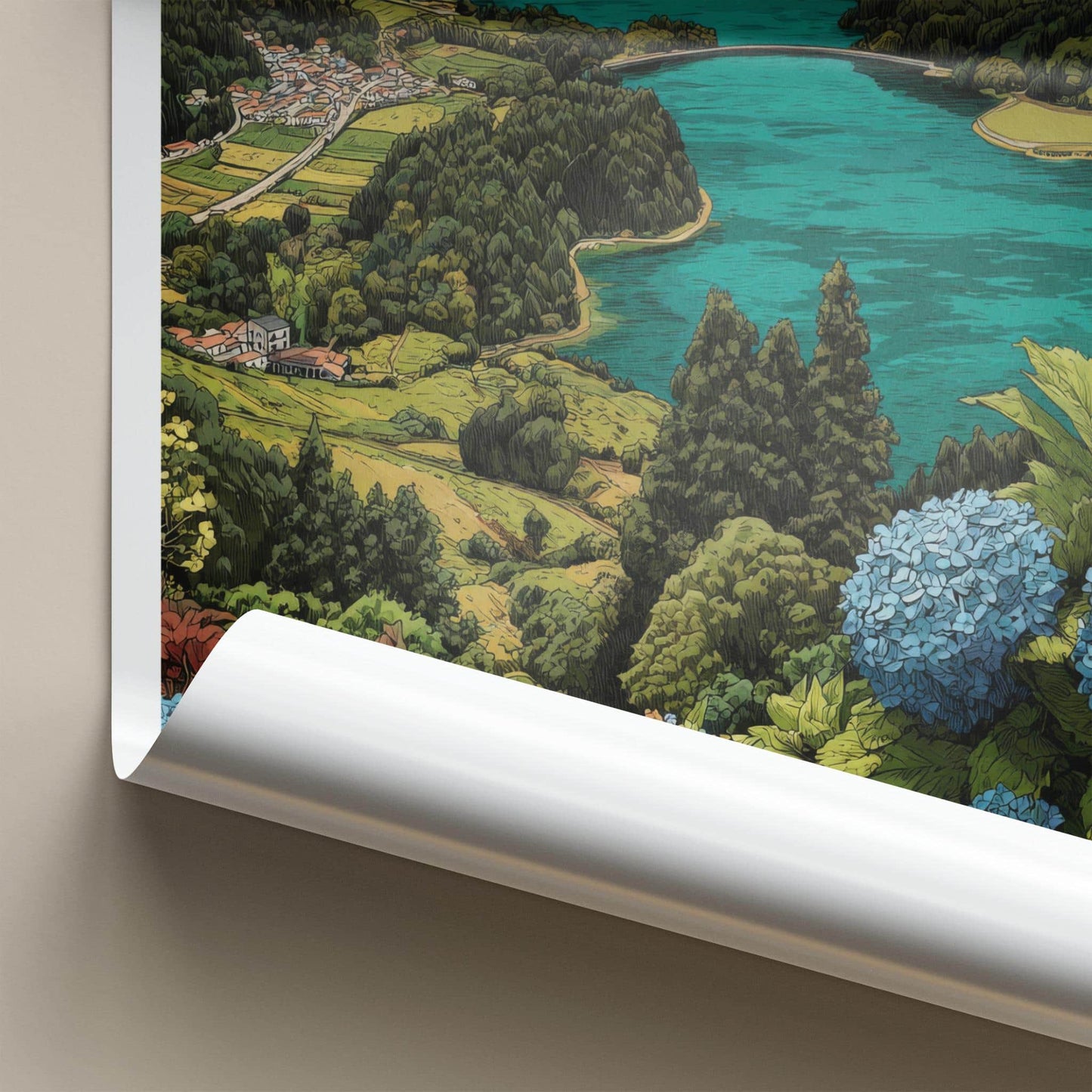 Sete Cidades Poster - Portugal Travel Art - Hydrangea Lake Vista Wall Decor