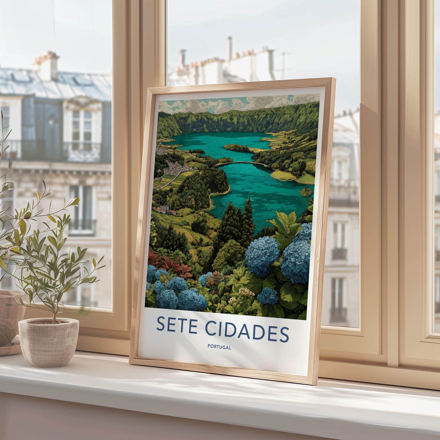 Sete Cidades Poster - Portugal Travel Art - Hydrangea Lake Vista Wall Decor