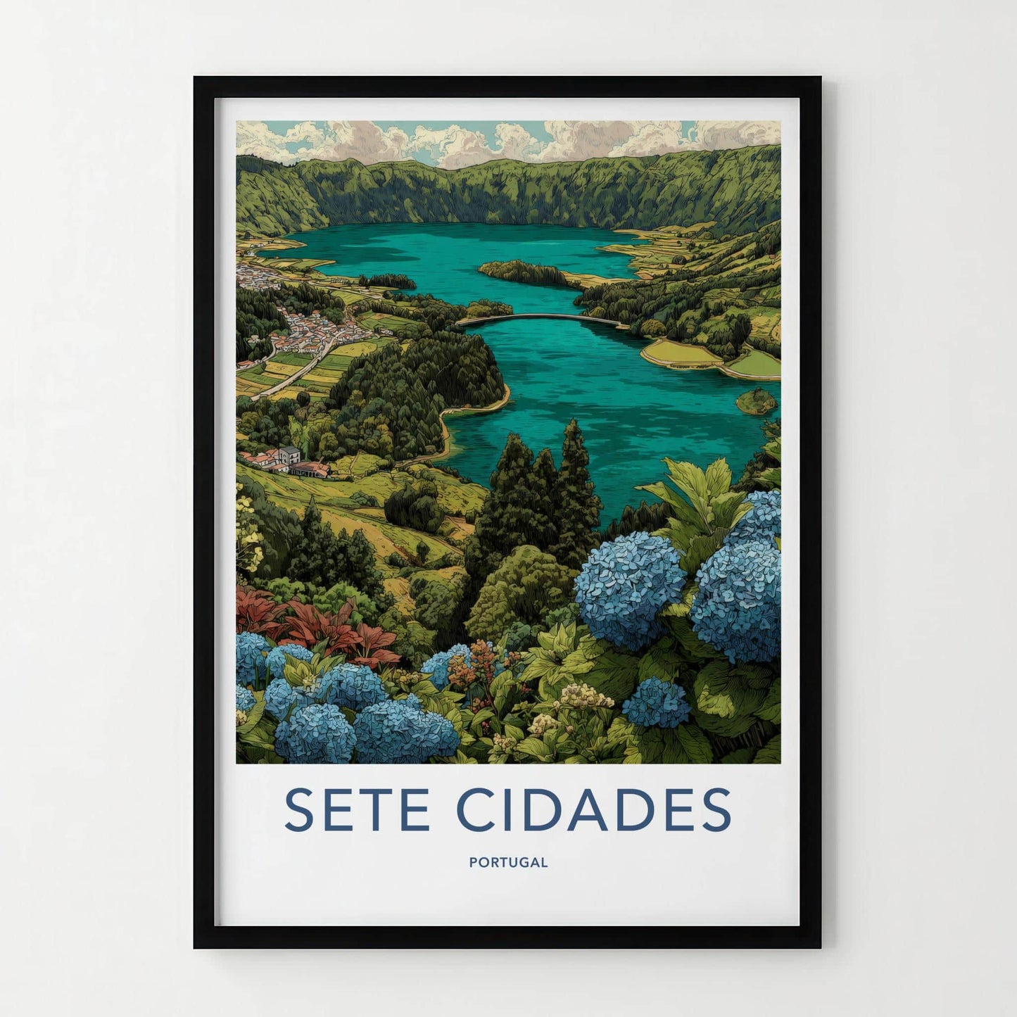 Sete Cidades Poster - Portugal Travel Art - Hydrangea Lake Vista Wall Decor