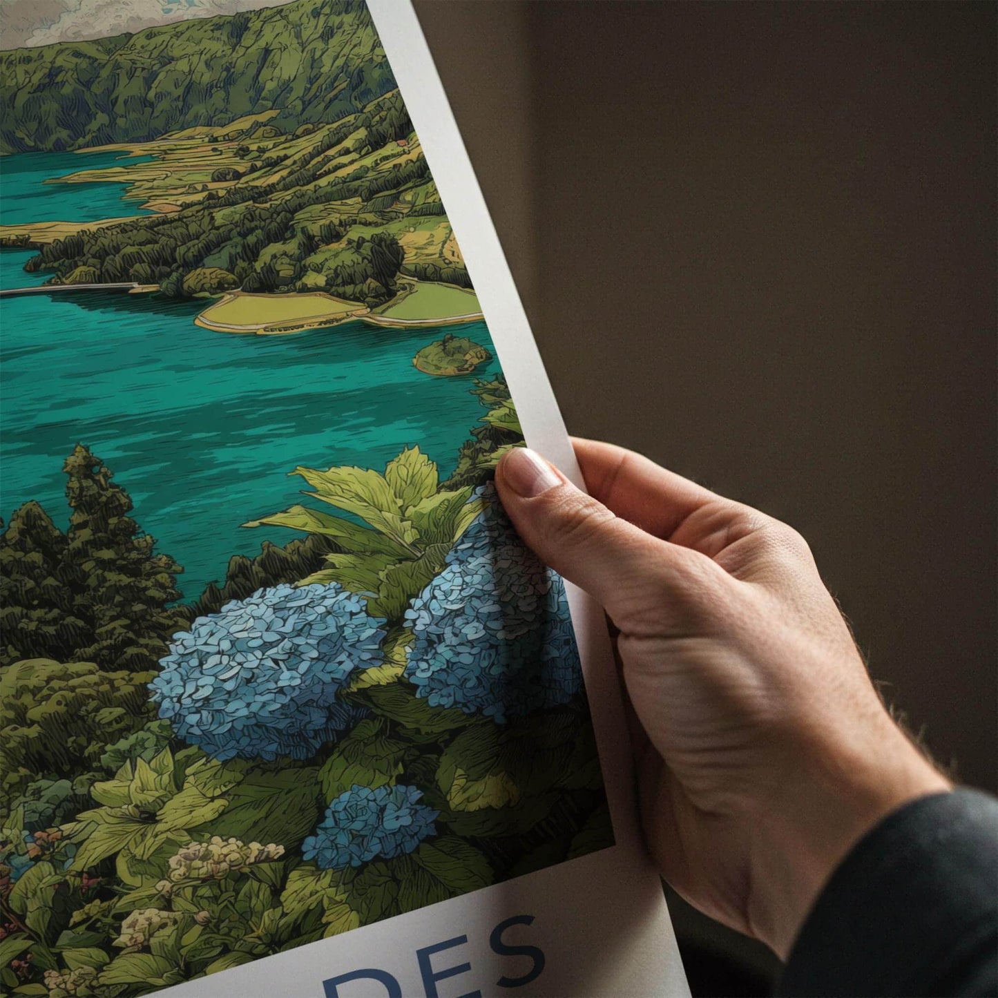 Sete Cidades Poster - Portugal Travel Art - Hydrangea Lake Vista Wall Decor