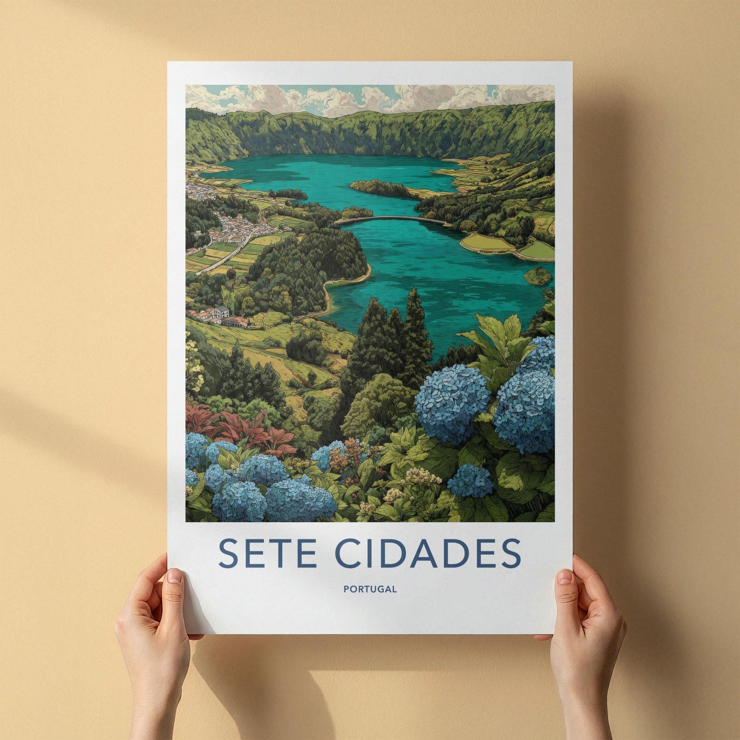 Sete Cidades Poster - Portugal Travel Art - Hydrangea Lake Vista Wall Decor